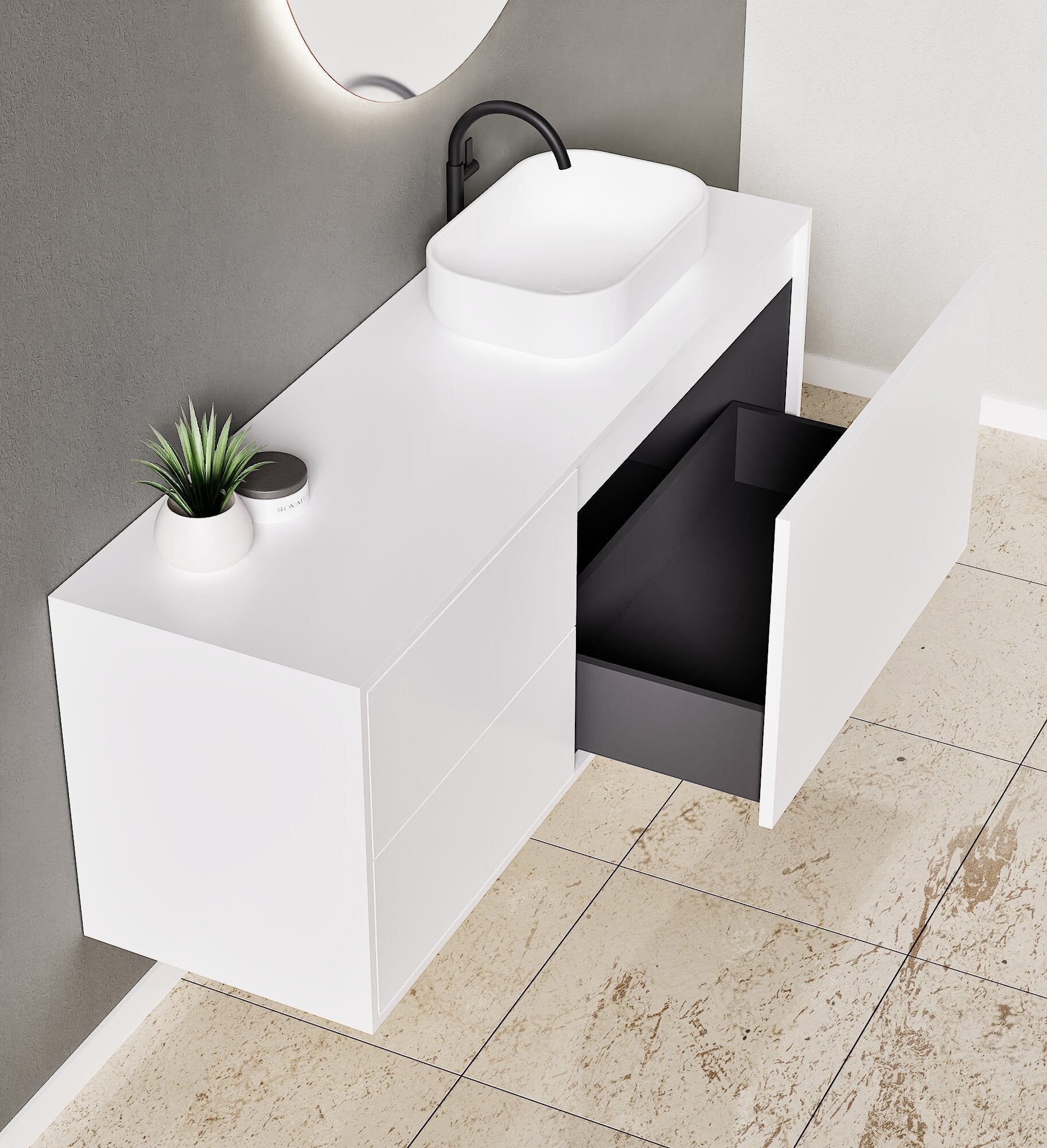 LINEA Frame - Top mounted single sink basin unit & 1 Drawer - 2 Stacked Side Drawers vanity unit - ROVALUX