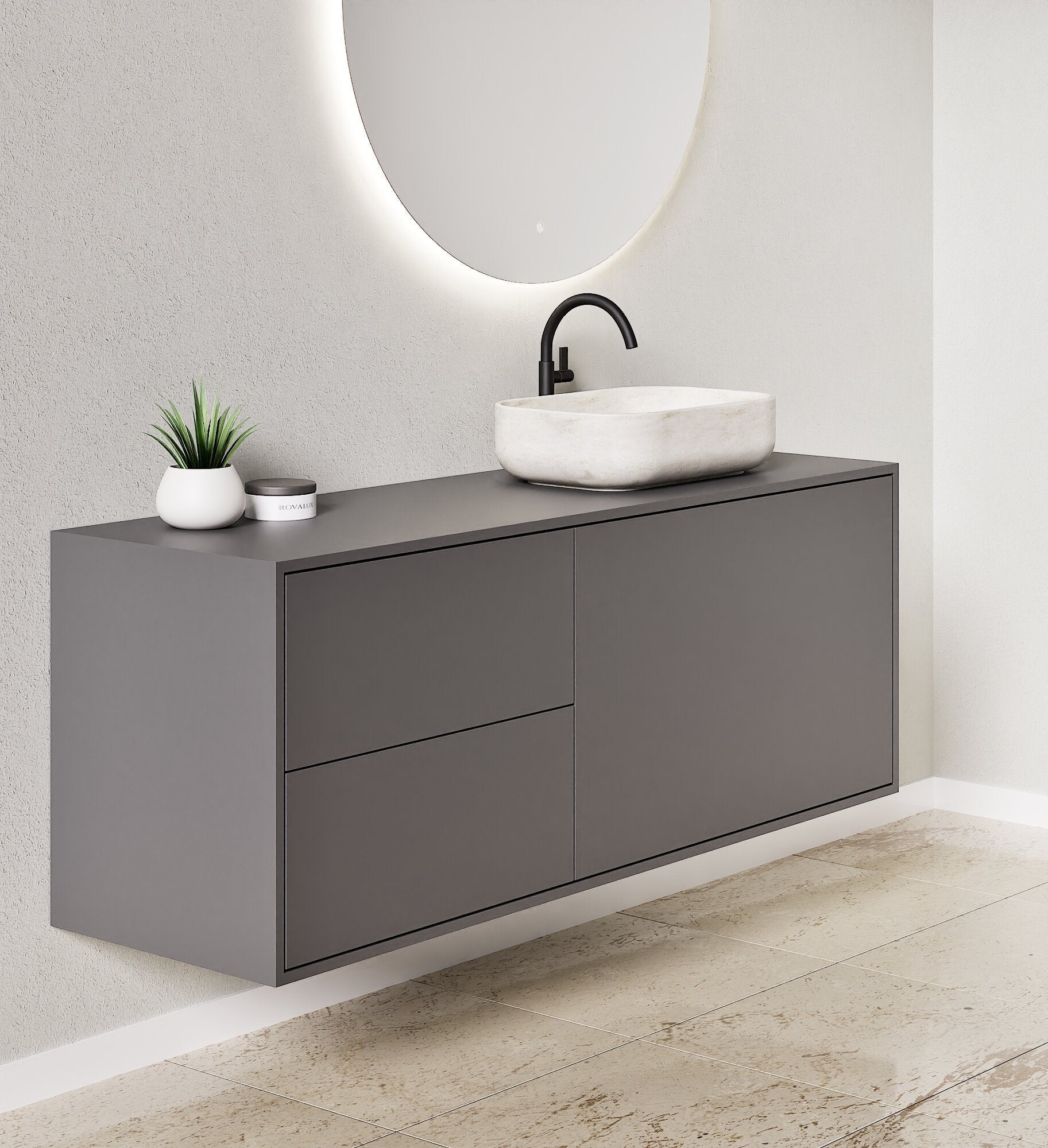 LINEA Frame - Top mounted single sink basin unit & 1 Drawer - 2 Stacked Side Drawers vanity unit - ROVALUX