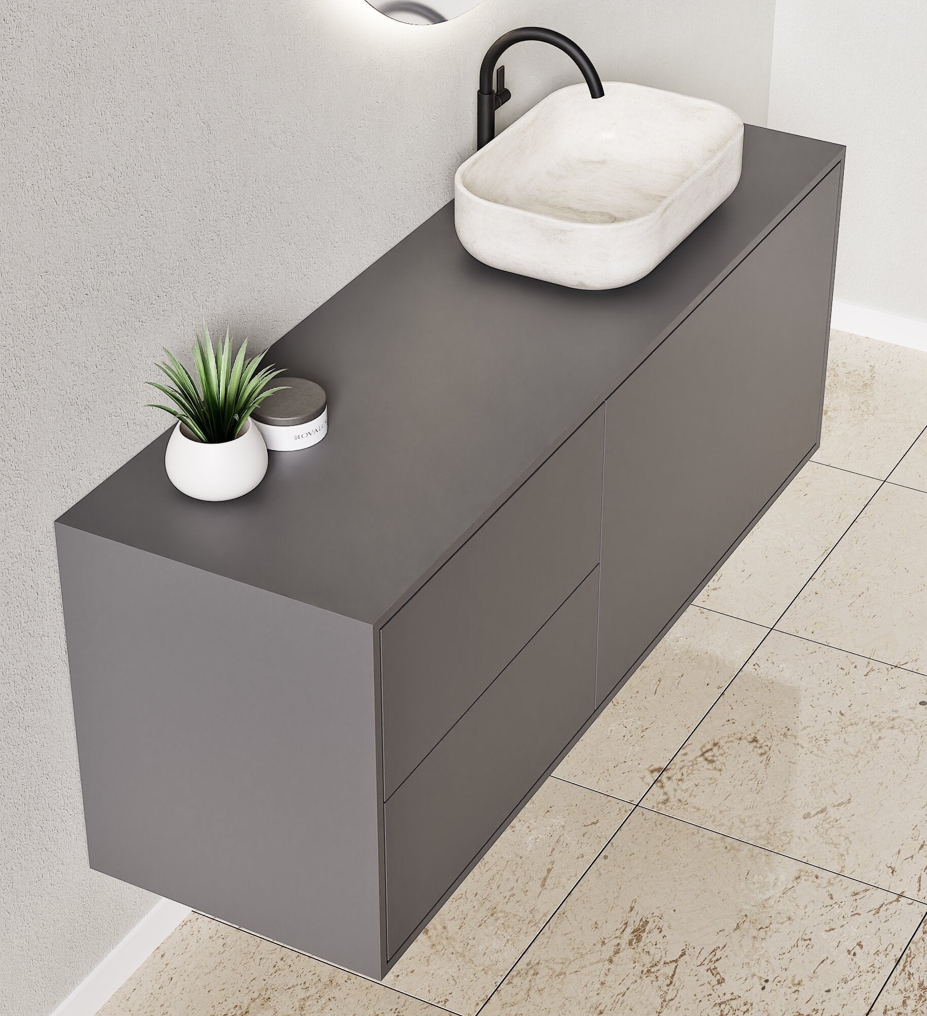 LINEA Frame - Top mounted single sink basin unit & 1 Drawer - 2 Stacked Side Drawers vanity unit - ROVALUX