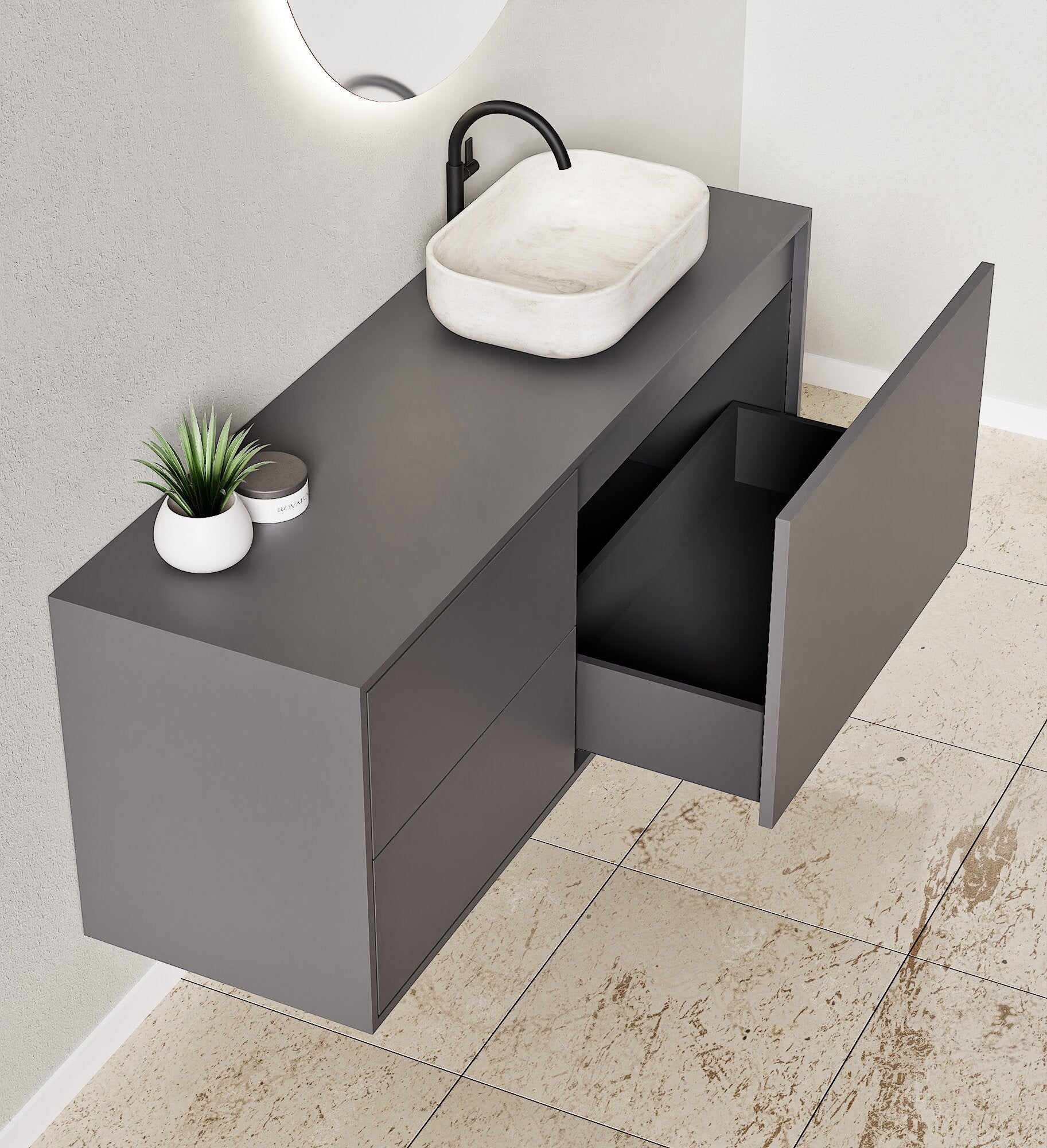 LINEA Frame - Top mounted single sink basin unit & 1 Drawer - 2 Stacked Side Drawers vanity unit - ROVALUX