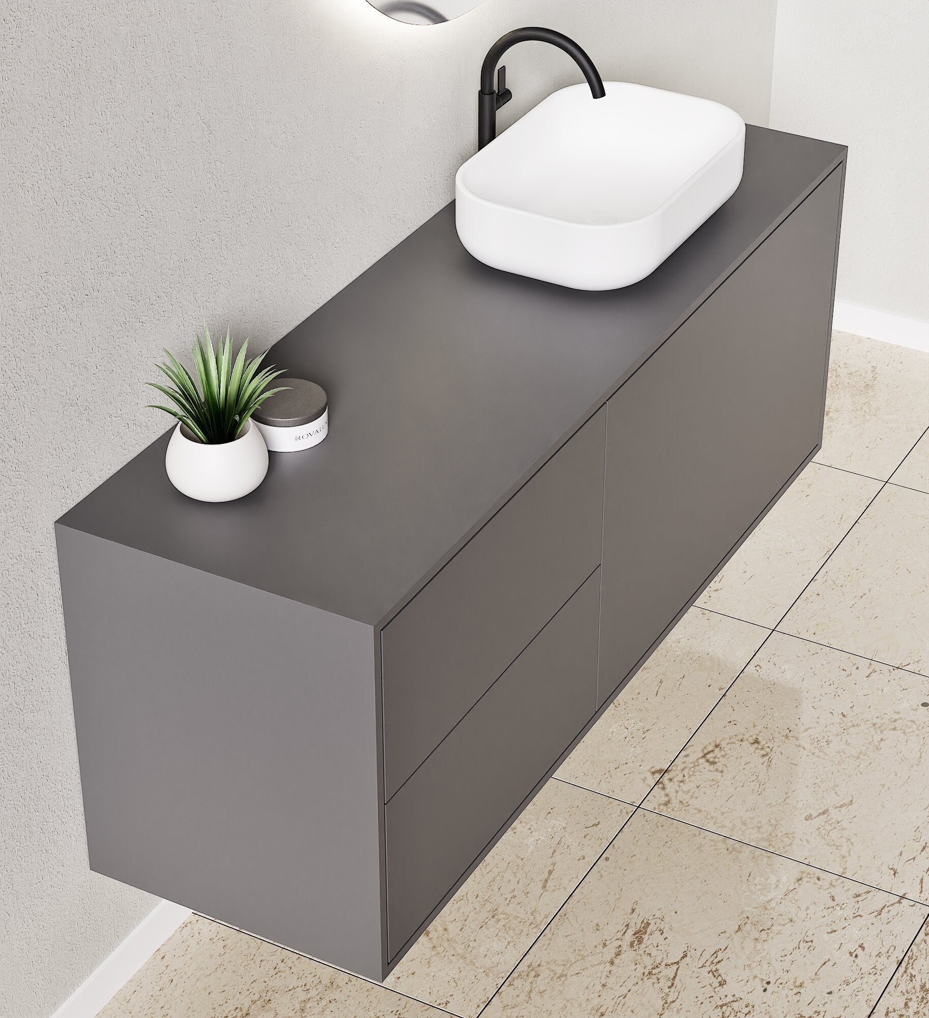 LINEA Frame - Top mounted single sink basin unit & 1 Drawer - 2 Stacked Side Drawers vanity unit - ROVALUX