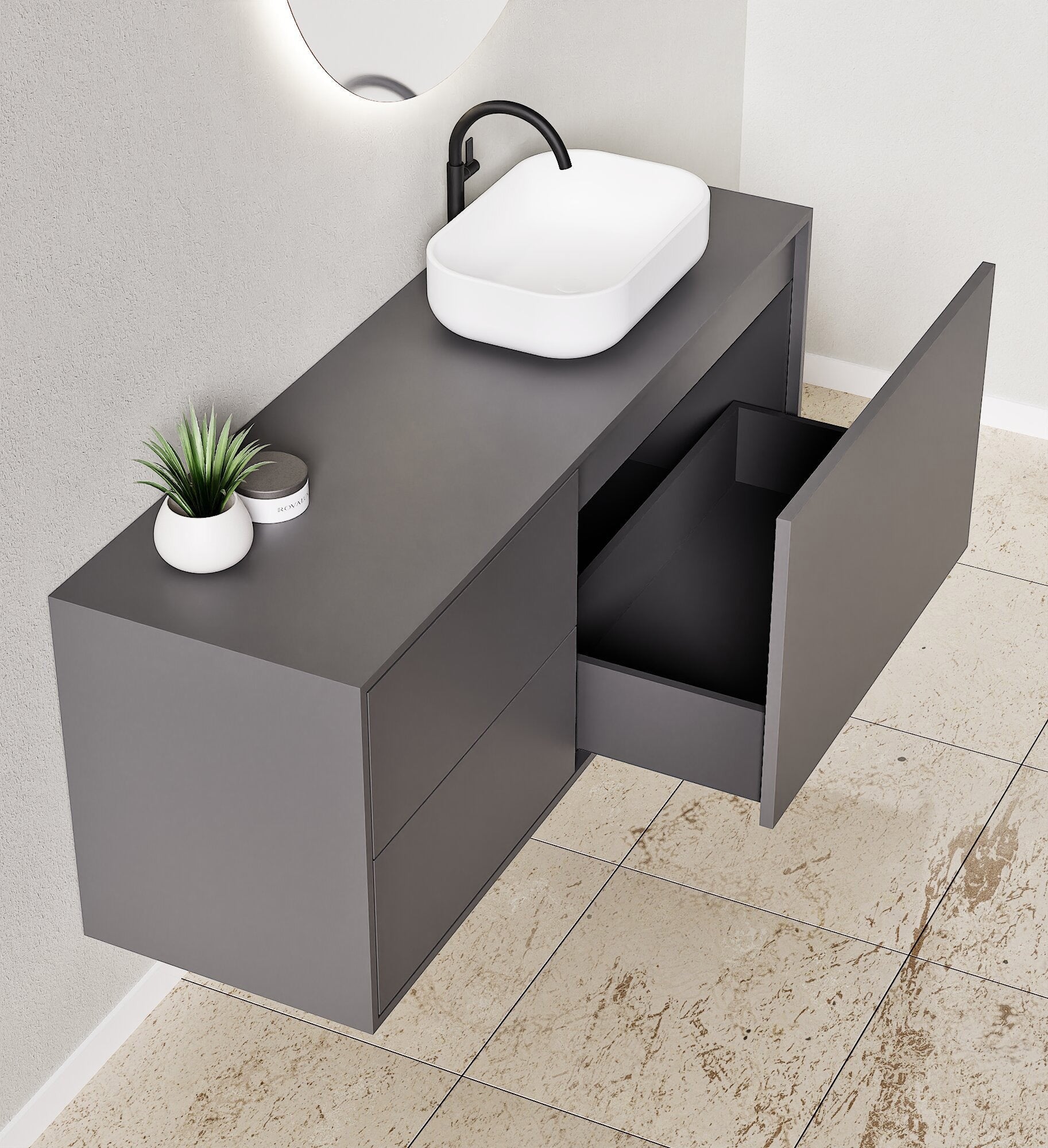 LINEA Frame - Top mounted single sink basin unit & 1 Drawer - 2 Stacked Side Drawers vanity unit - ROVALUX