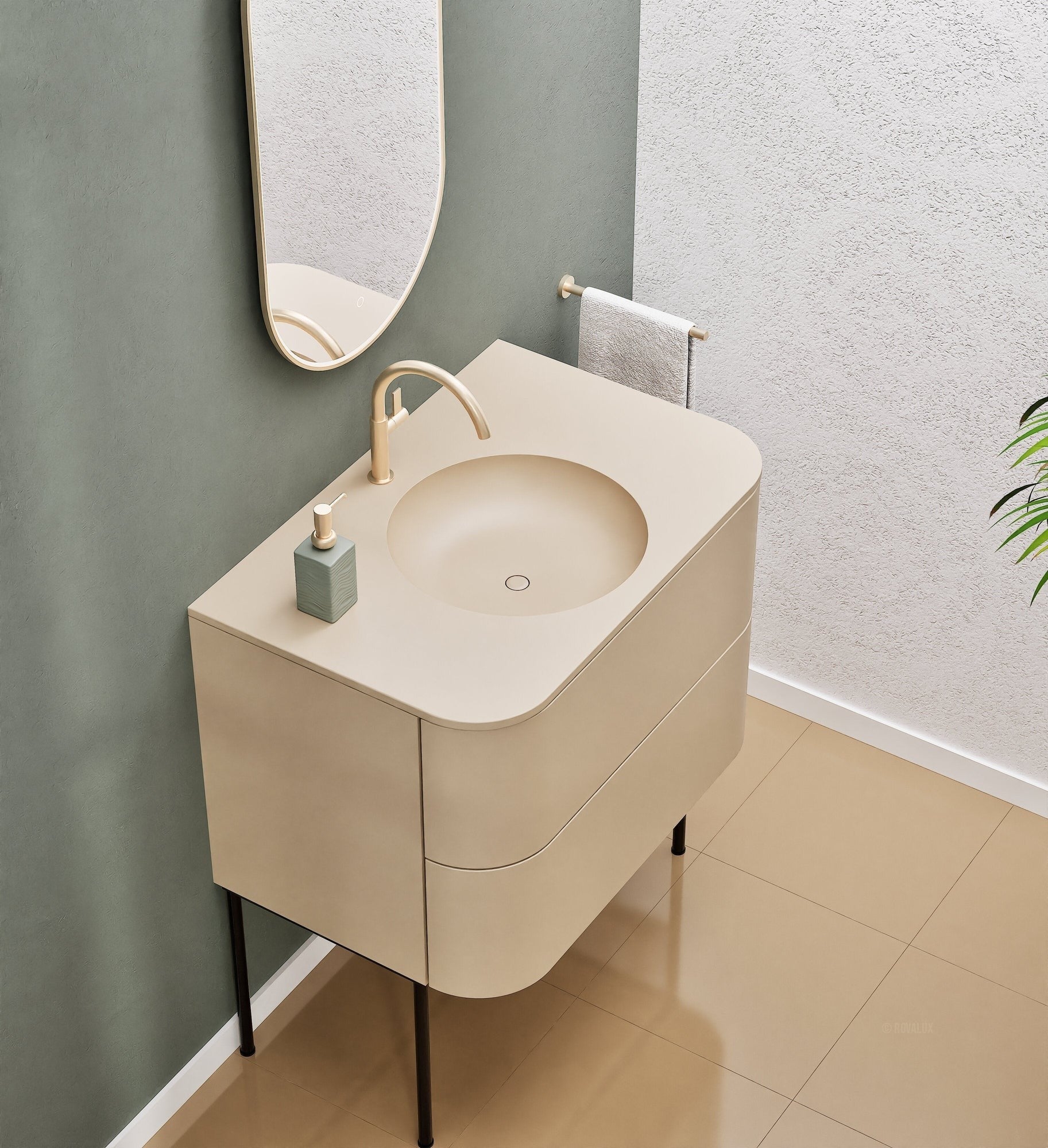 Serenia Flow Single Set with Supporting Legs - Corian® Sink & Countertop with 2 Drawers - ROVALUX