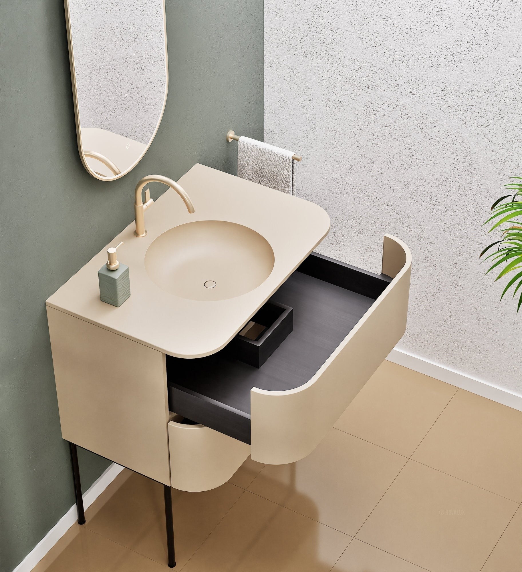Serenia Flow Single Set with Supporting Legs - Corian® Sink & Countertop with 2 Drawers - ROVALUX