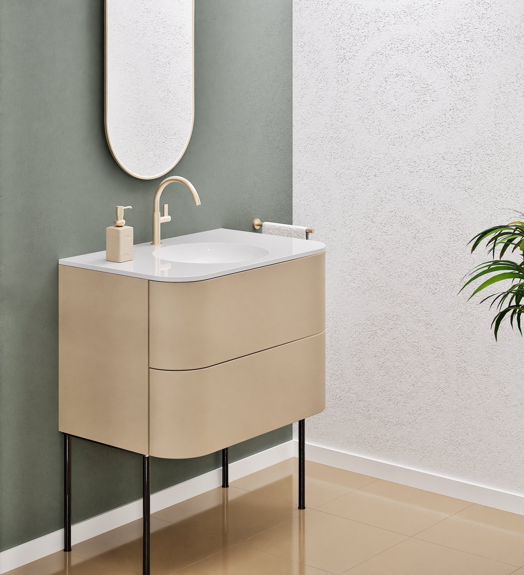 Serenia Flow Single Set with Supporting Legs - Corian® Sink & Countertop with 2 Drawers - ROVALUX