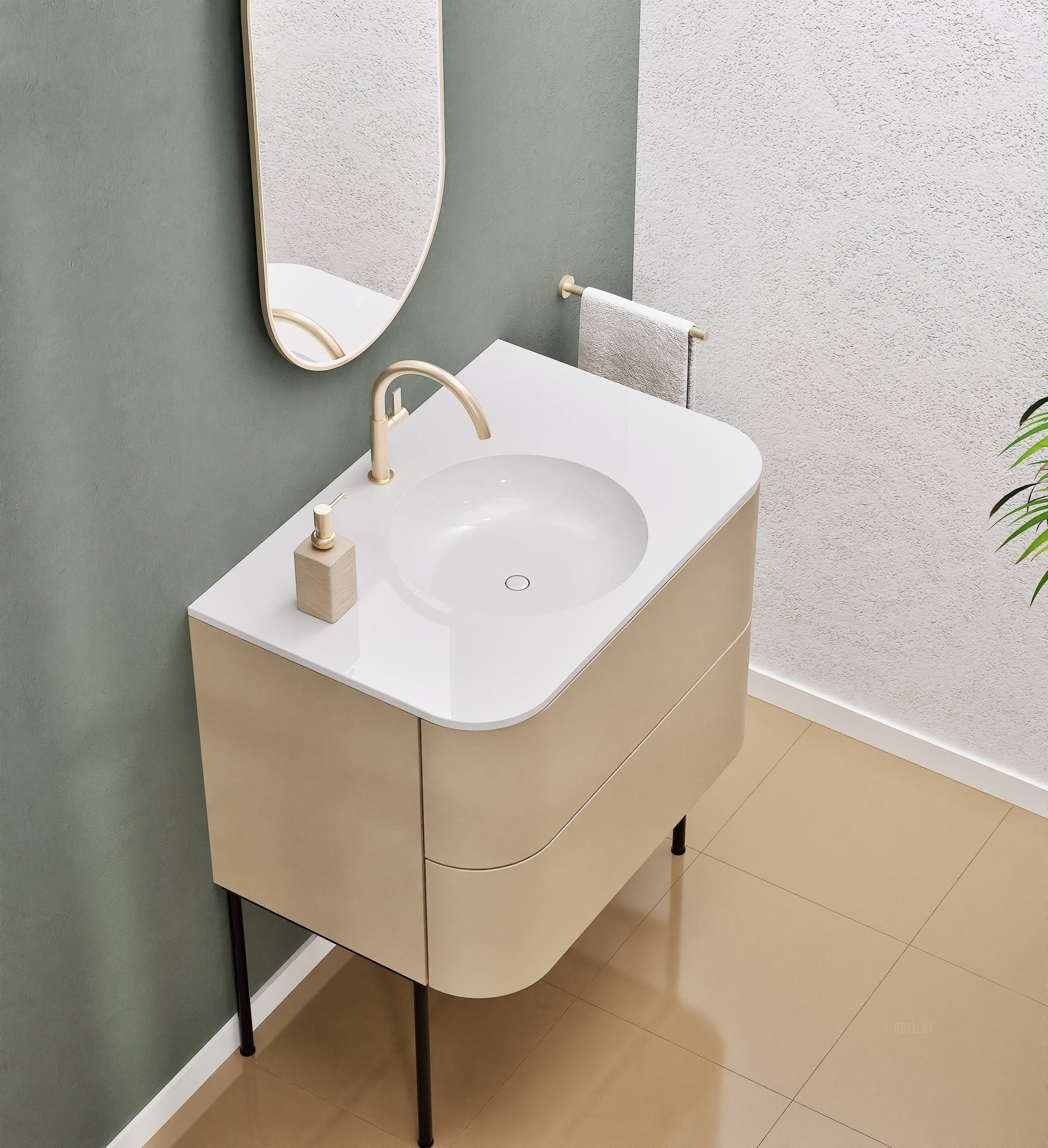 Serenia Flow Single Set with Supporting Legs - Corian® Sink & Countertop with 2 Drawers - ROVALUX