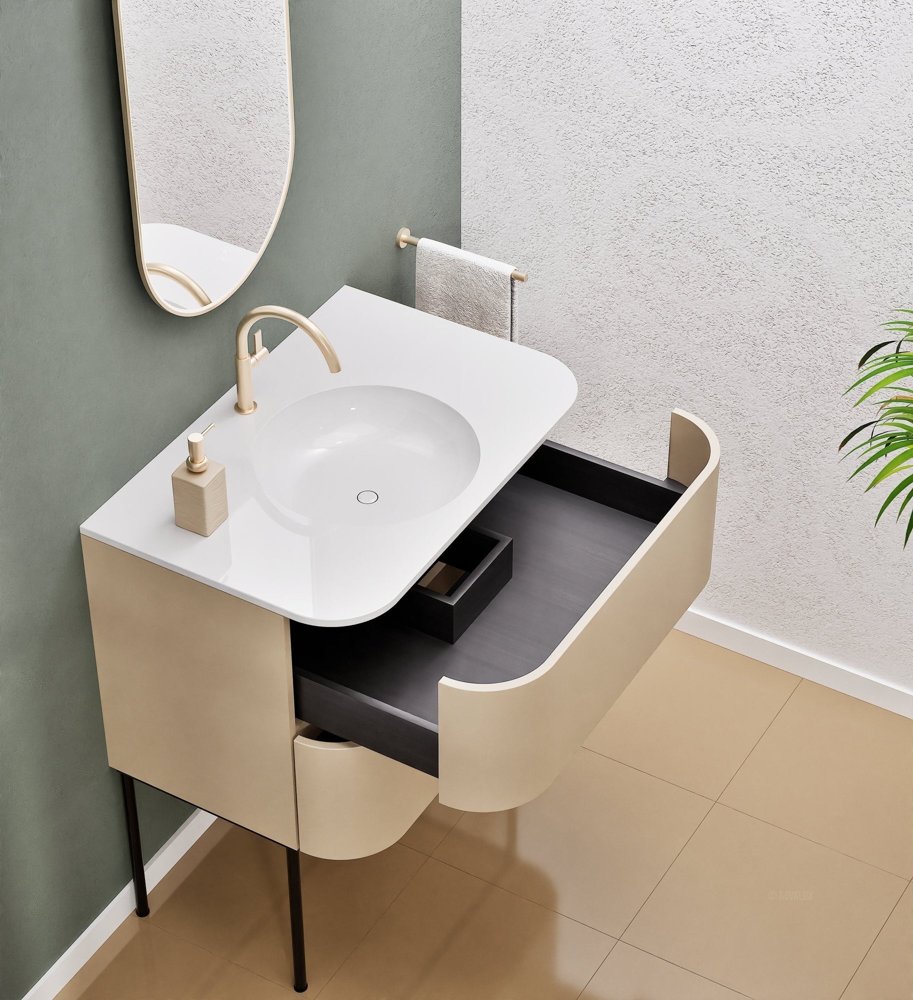 Serenia Flow Single Set with Supporting Legs - Corian® Sink & Countertop with 2 Drawers - ROVALUX