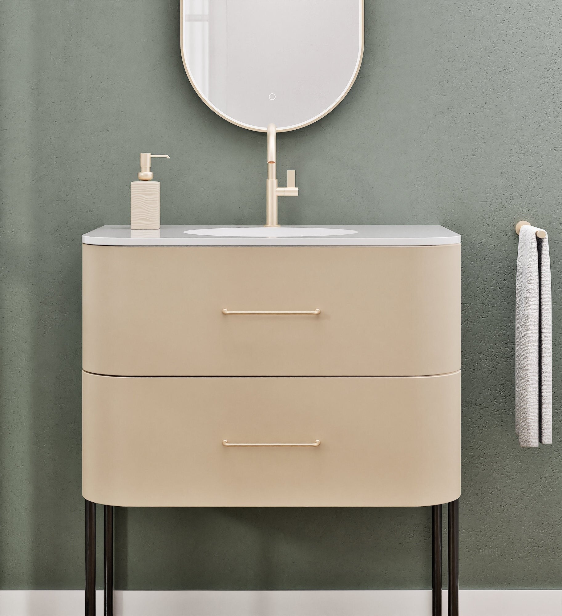 Serenia Flow Single Set with Supporting Legs - Corian® Sink & Countertop with 2 Drawers - ROVALUX