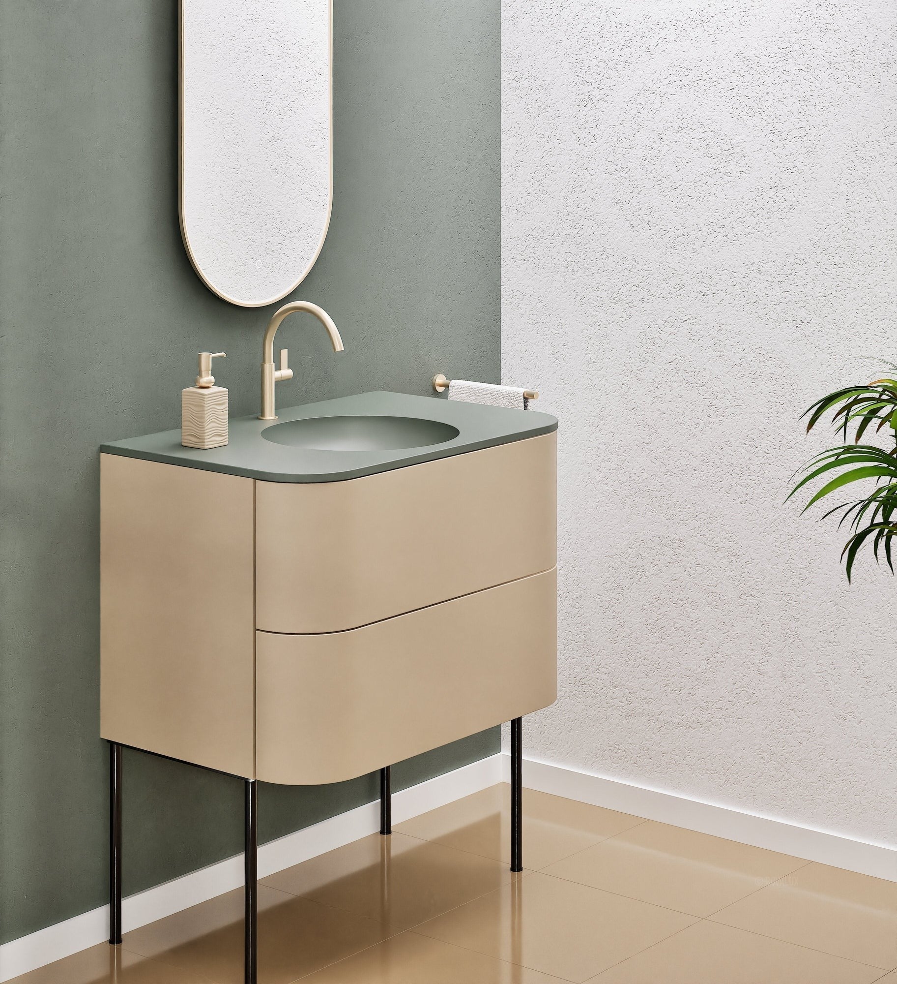 Serenia Flow Single Set with Supporting Legs - Corian® Sink & Countertop with 2 Drawers - ROVALUX