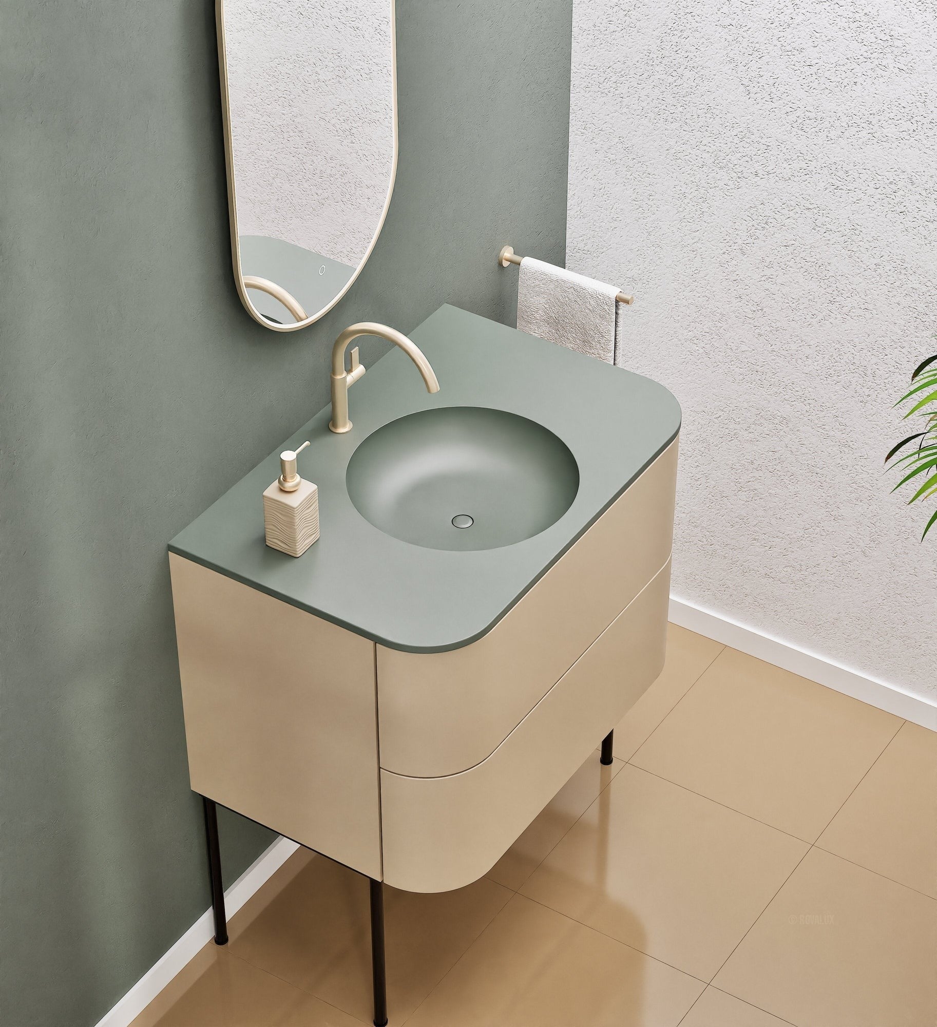 Serenia Flow Single Set with Supporting Legs - Corian® Sink & Countertop with 2 Drawers - ROVALUX