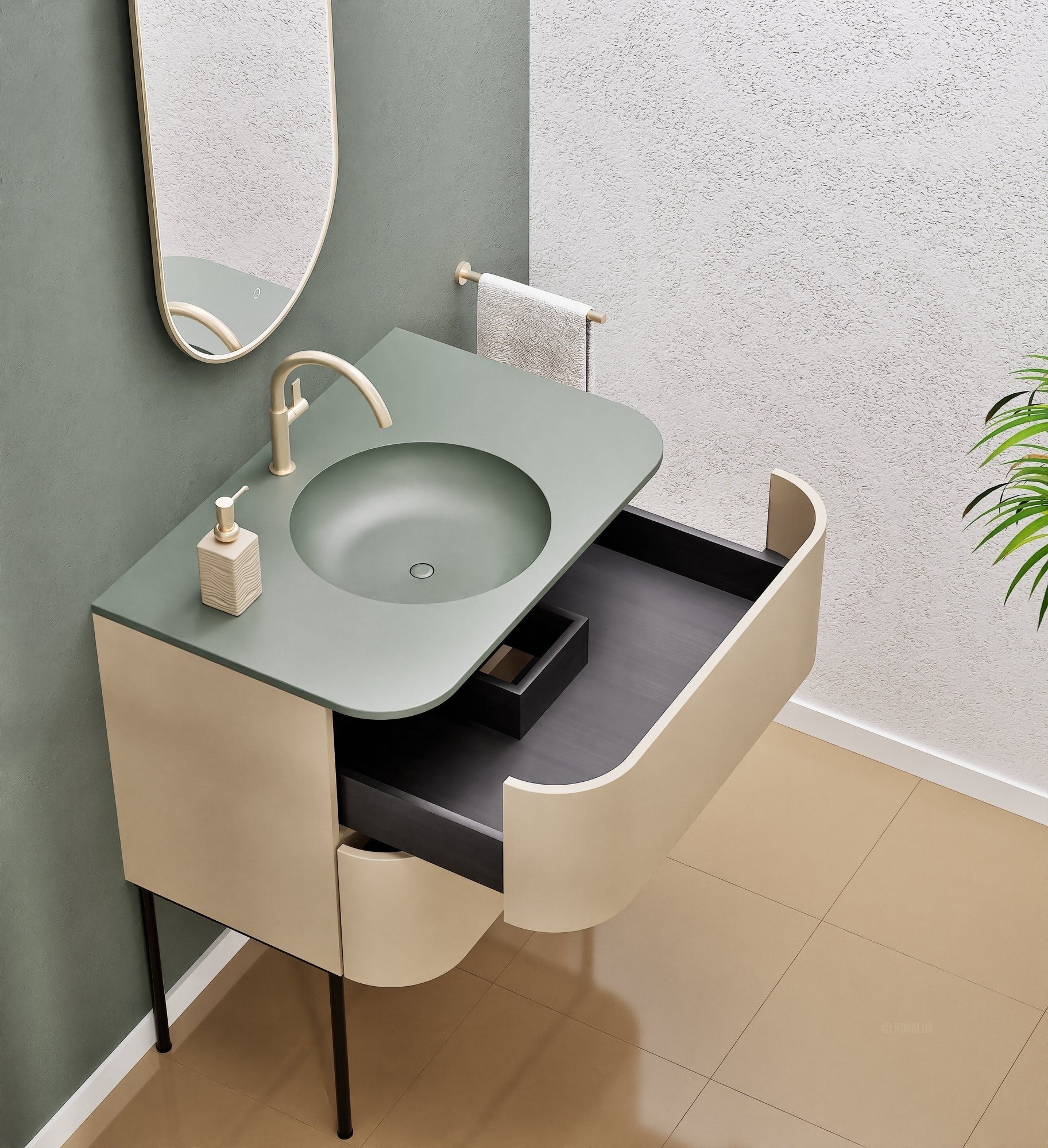 Serenia Flow Single Set with Supporting Legs - Corian® Sink & Countertop with 2 Drawers - ROVALUX