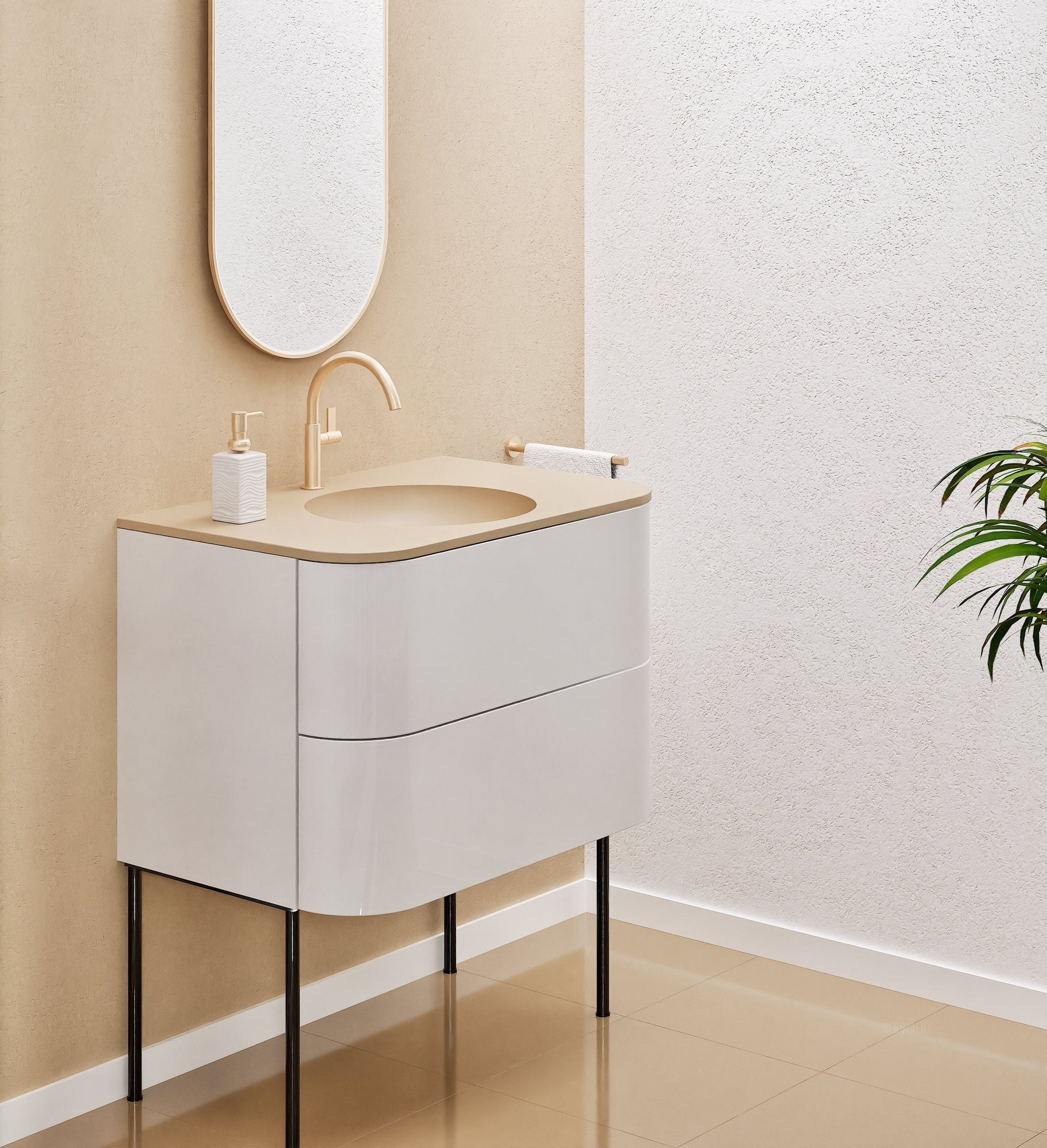 Serenia Flow Single Set with Supporting Legs - Corian® Sink & Countertop with 2 Drawers - ROVALUX