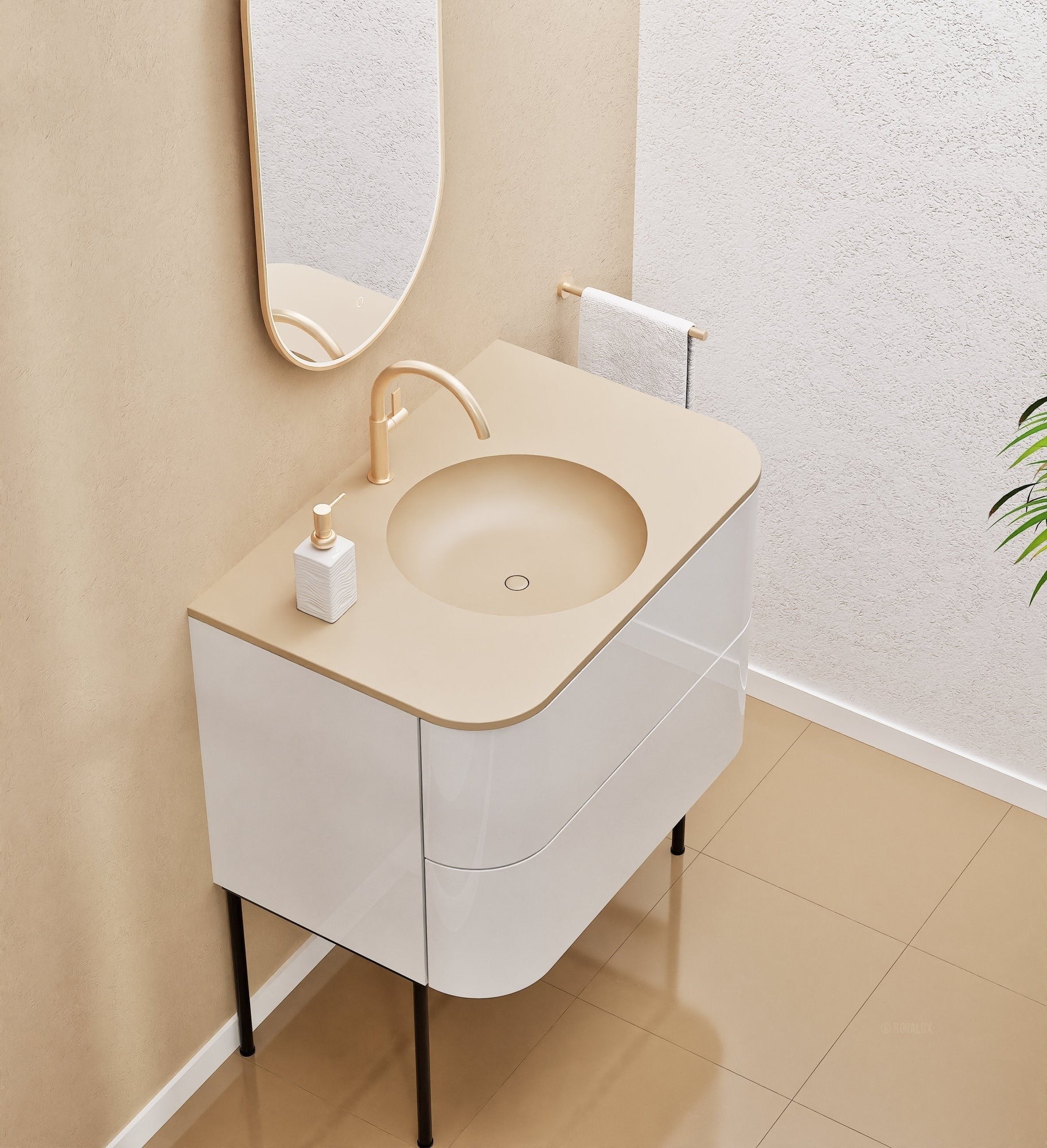 Serenia Flow Single Set with Supporting Legs - Corian® Sink & Countertop with 2 Drawers - ROVALUX