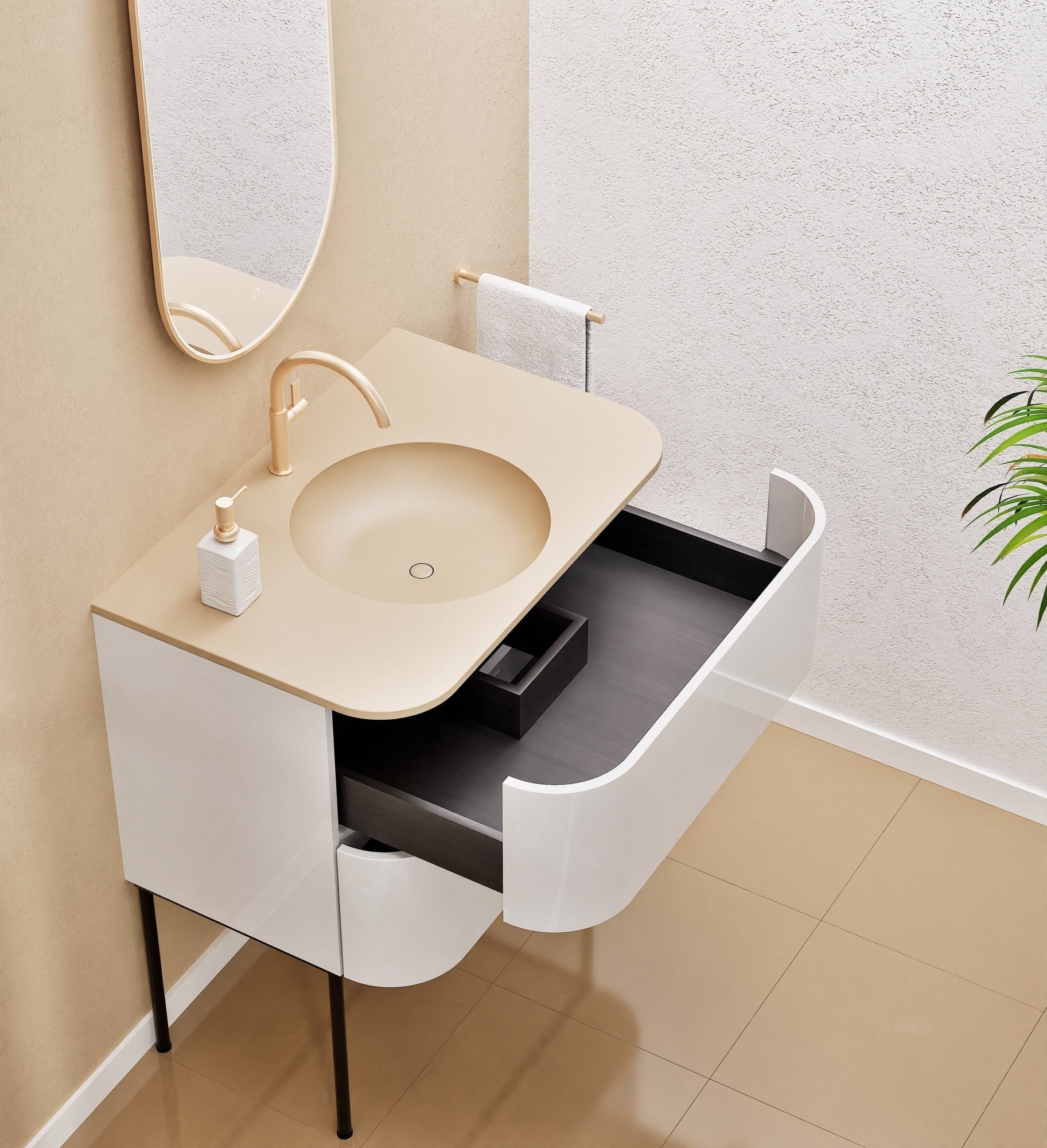 Serenia Flow Single Set with Supporting Legs - Corian® Sink & Countertop with 2 Drawers - ROVALUX