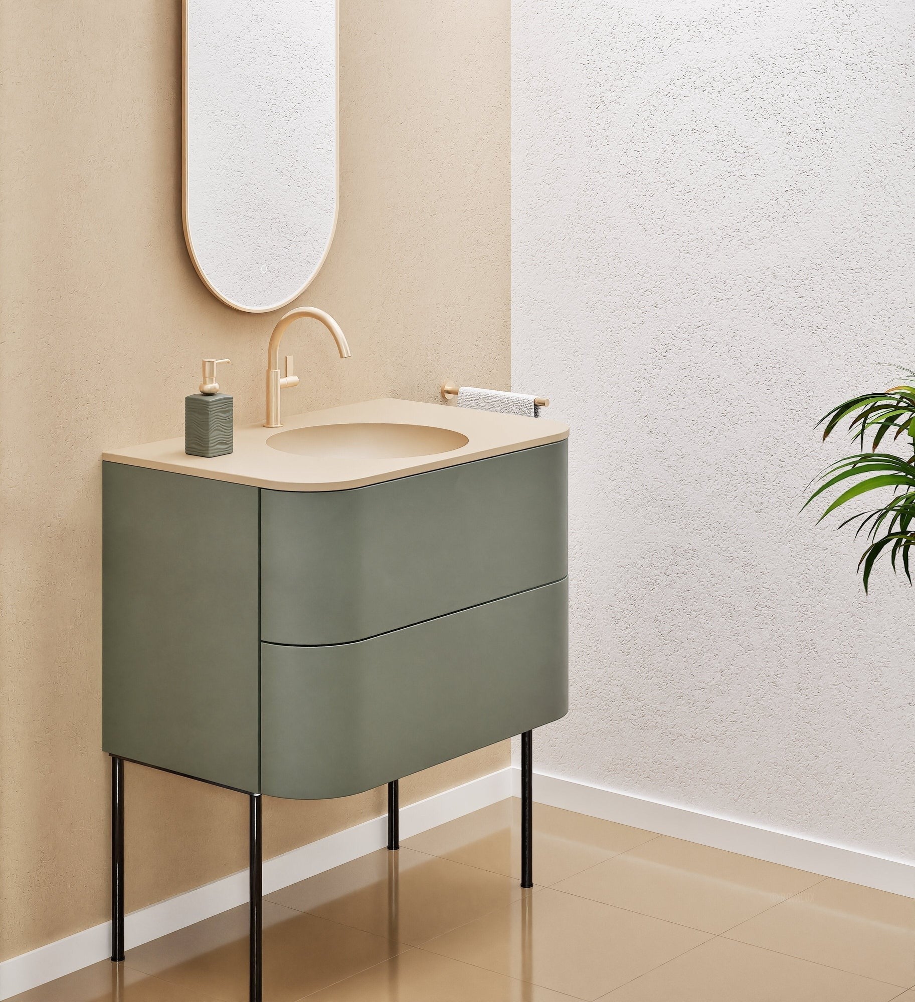 Serenia Flow Single Set with Supporting Legs - Corian® Sink & Countertop with 2 Drawers - ROVALUX