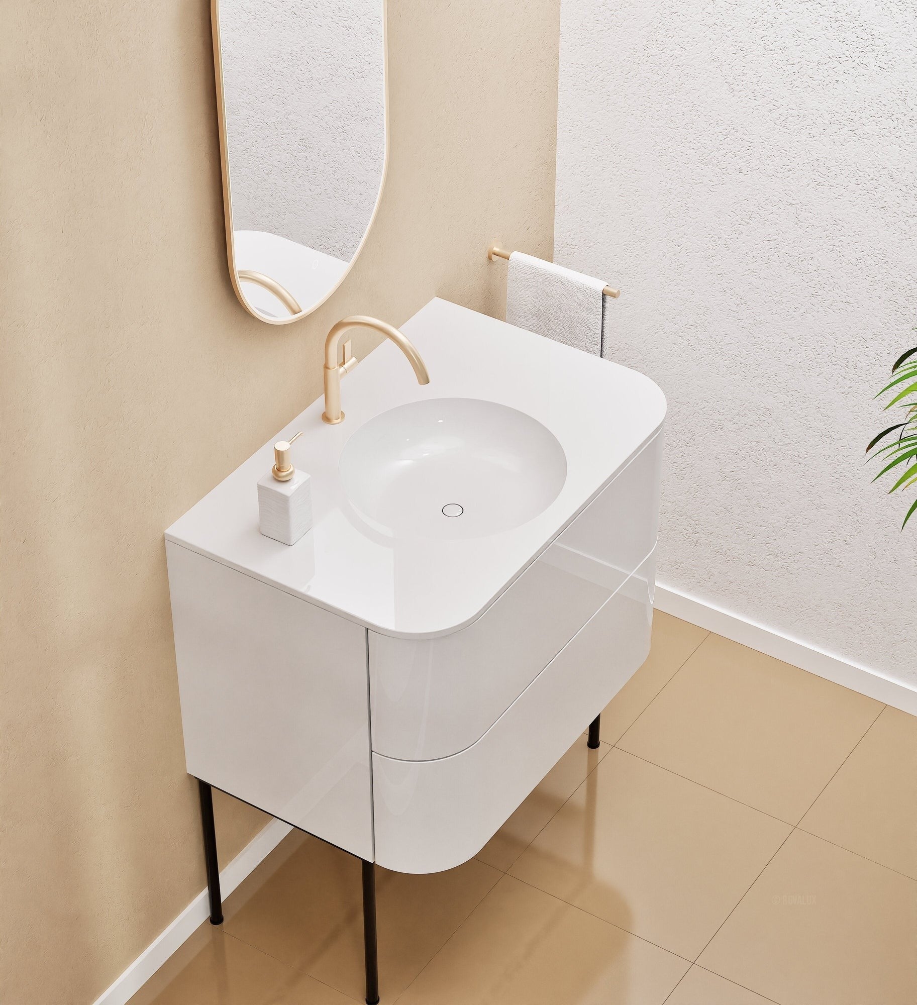 Serenia Flow Single Set with Supporting Legs - Corian® Sink & Countertop with 2 Drawers - ROVALUX