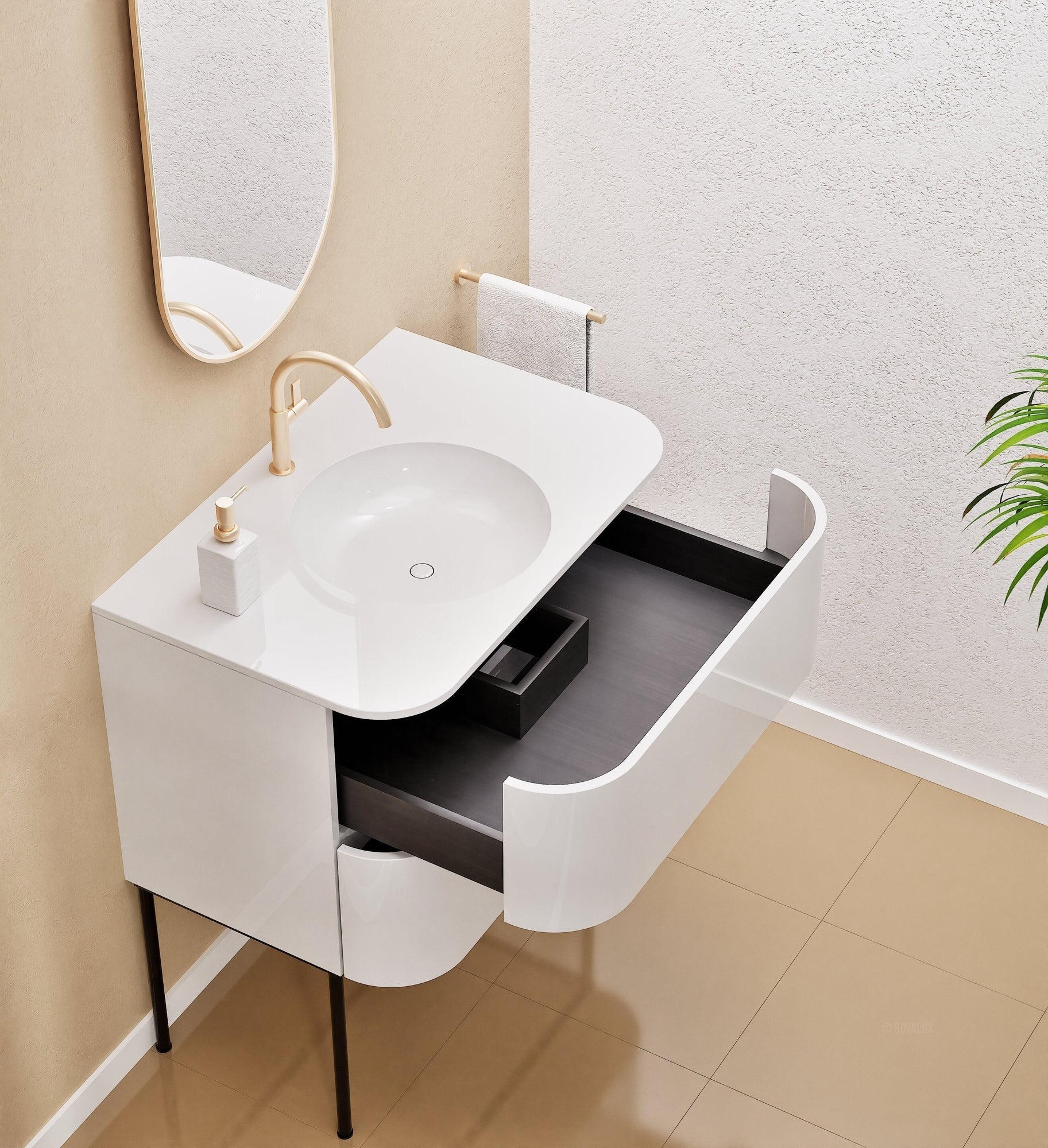 Serenia Flow Single Set with Supporting Legs - Corian® Sink & Countertop with 2 Drawers - ROVALUX