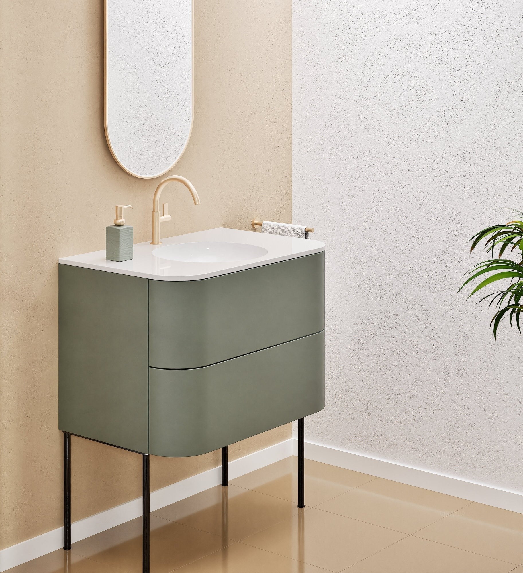 Serenia Flow Single Set with Supporting Legs - Corian® Sink & Countertop with 2 Drawers - ROVALUX