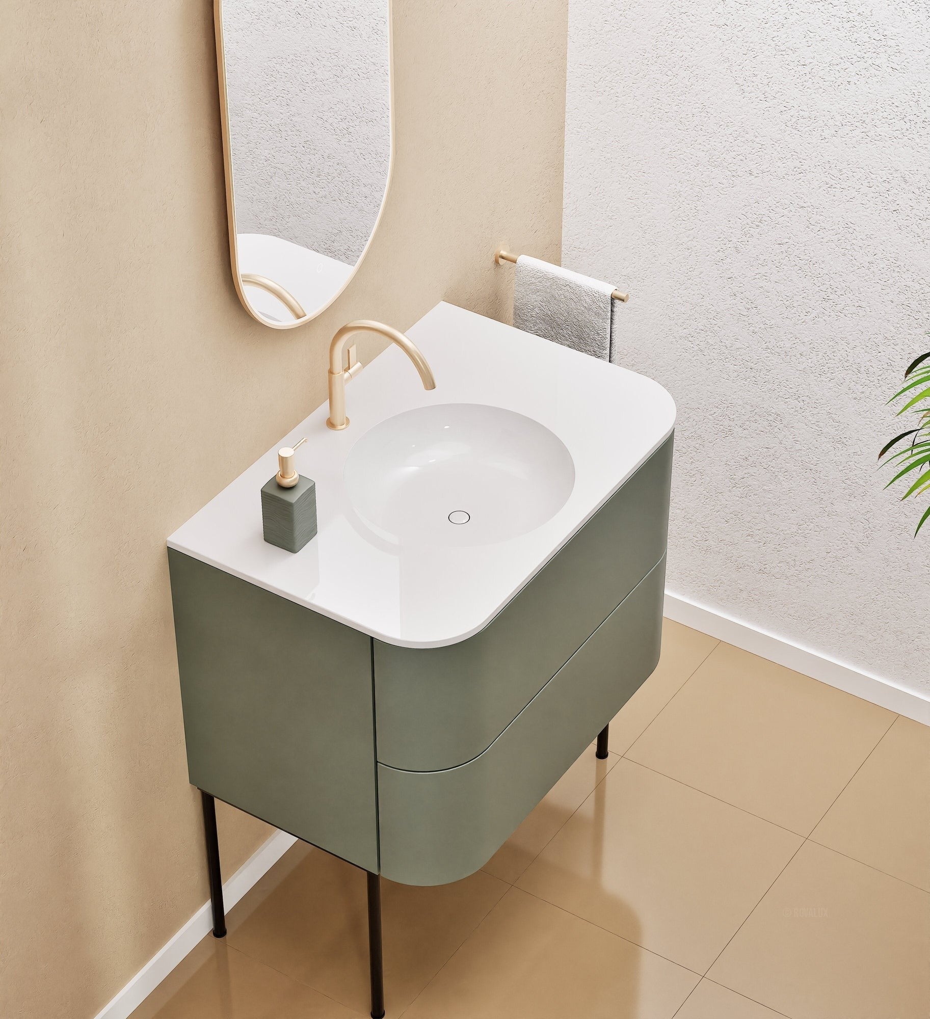 Serenia Flow Single Set with Supporting Legs - Corian® Sink & Countertop with 2 Drawers - ROVALUX