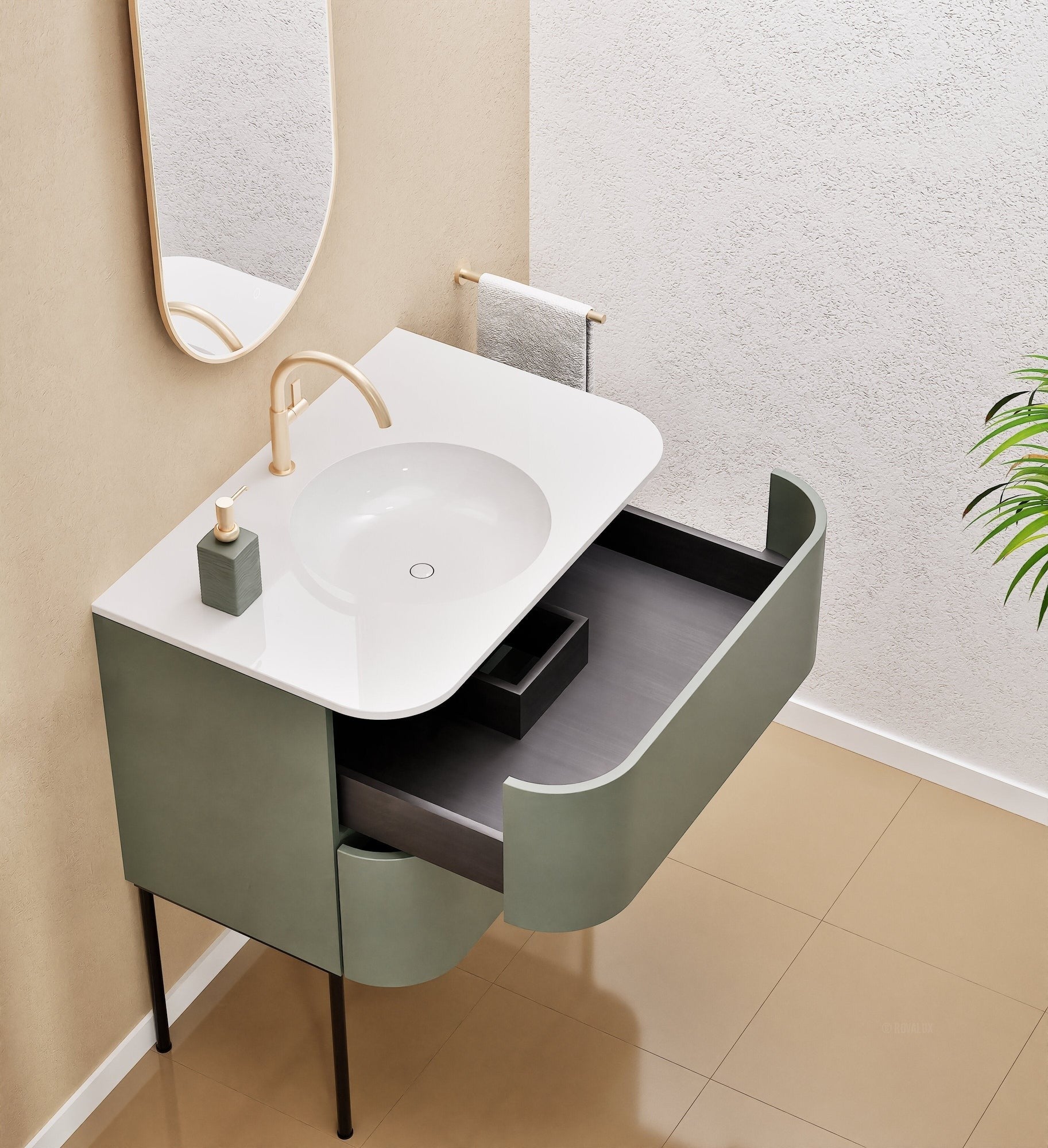 Serenia Flow Single Set with Supporting Legs - Corian® Sink & Countertop with 2 Drawers - ROVALUX