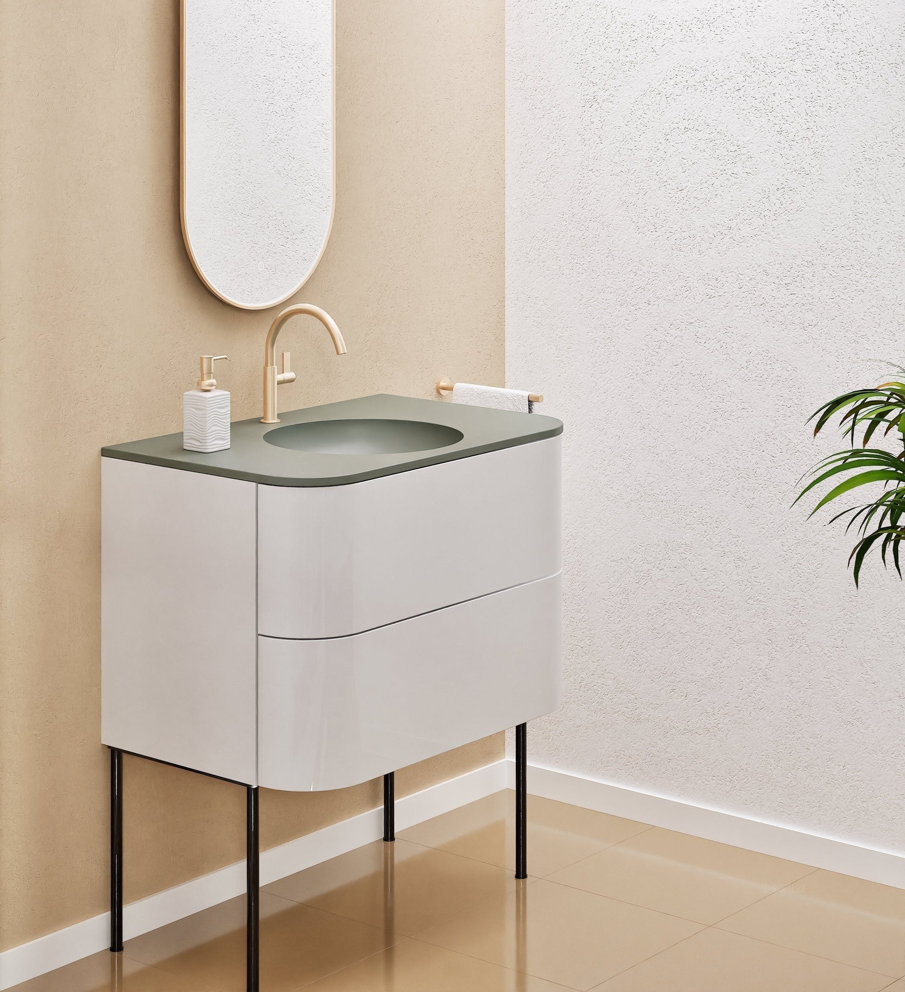 Serenia Flow Single Set with Supporting Legs - Corian® Sink & Countertop with 2 Drawers - ROVALUX
