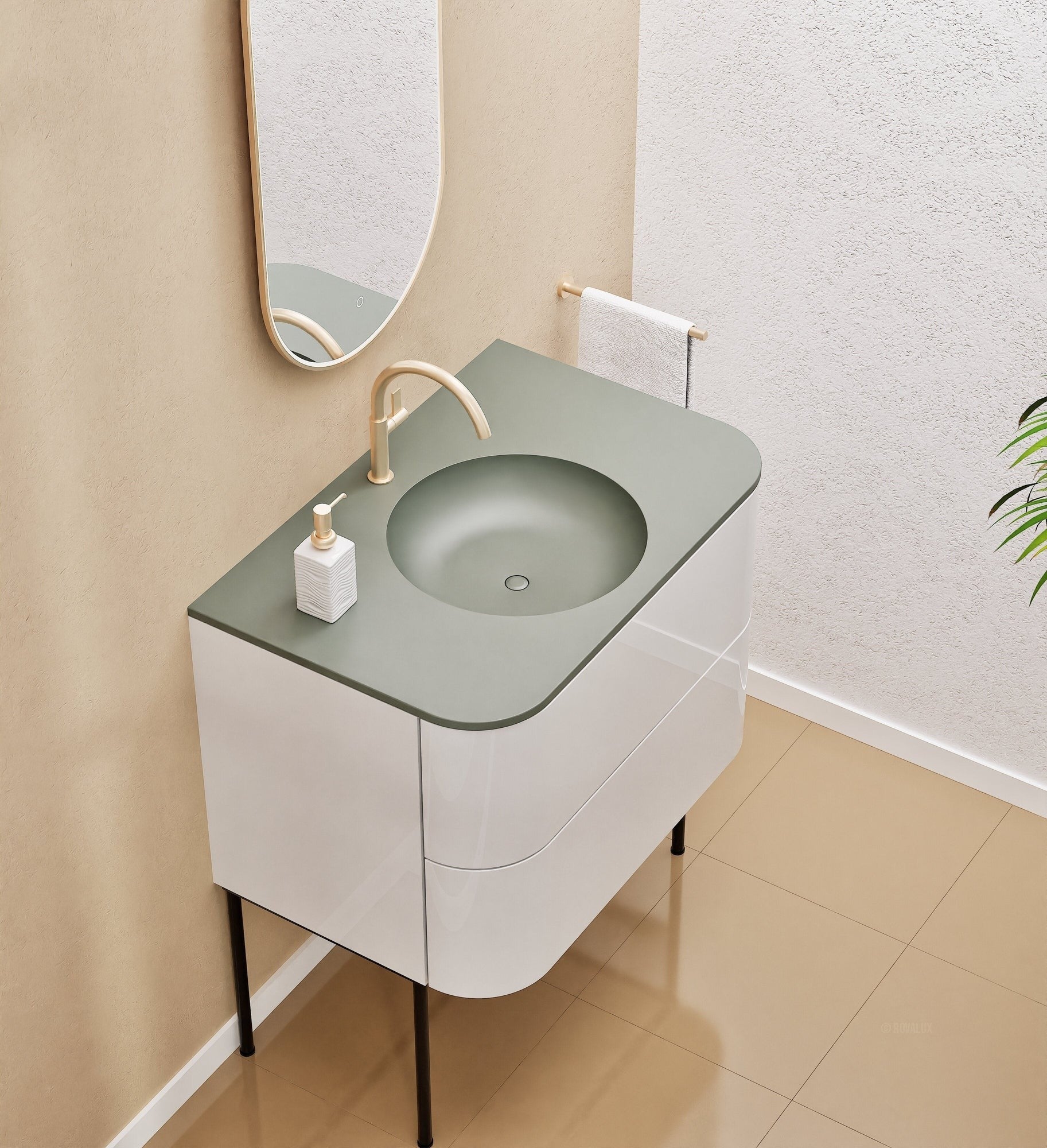 Serenia Flow Single Set with Supporting Legs - Corian® Sink & Countertop with 2 Drawers - ROVALUX