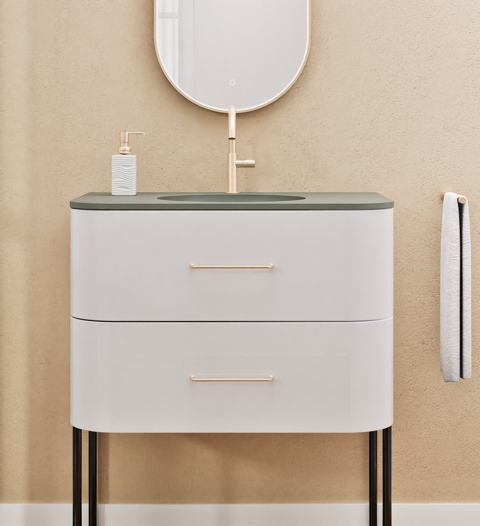 Serenia Flow Single Set with Supporting Legs - Corian® Sink & Countertop with 2 Drawers - ROVALUX