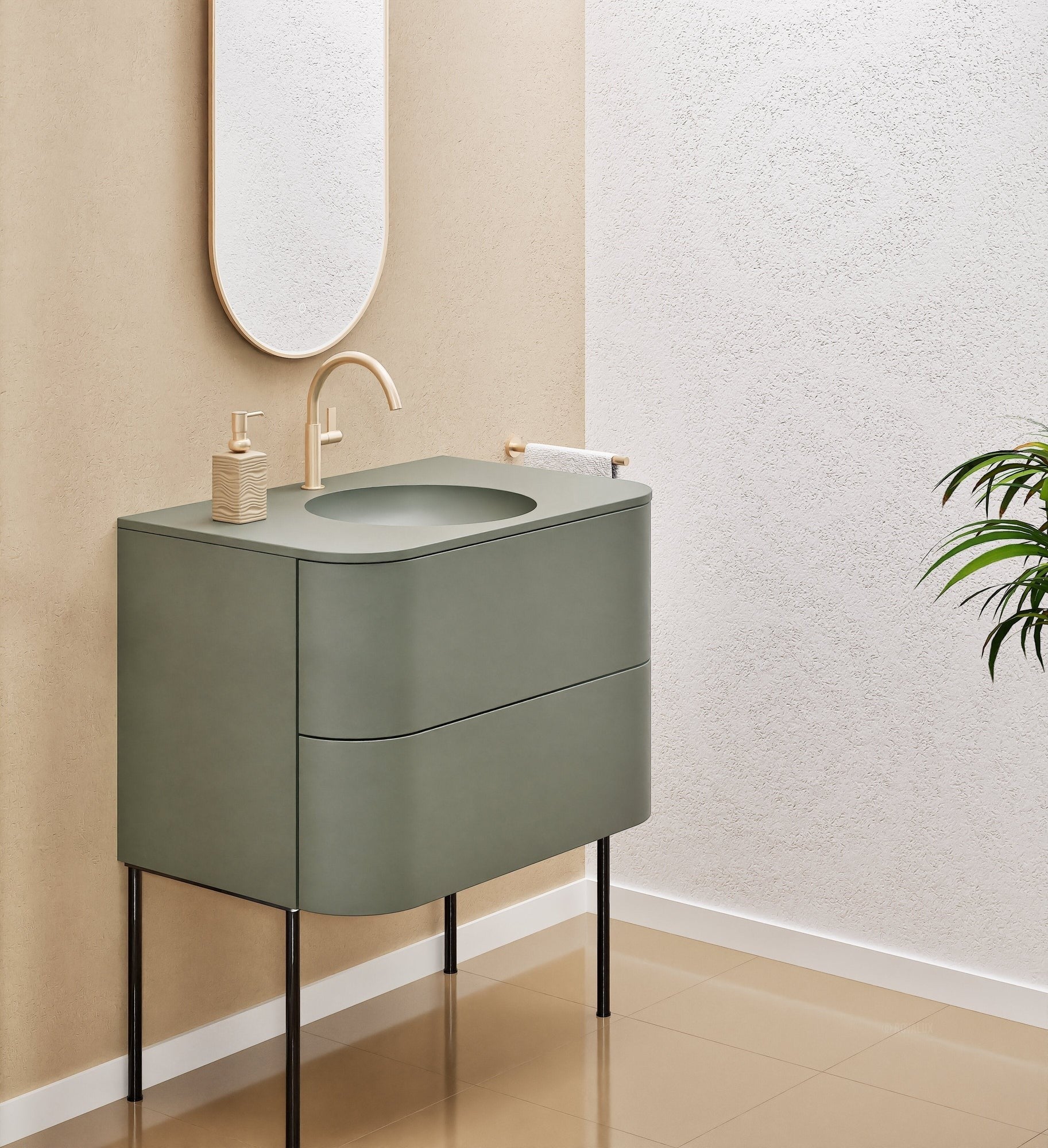 Serenia Flow Single Set with Supporting Legs - Corian® Sink & Countertop with 2 Drawers - ROVALUX