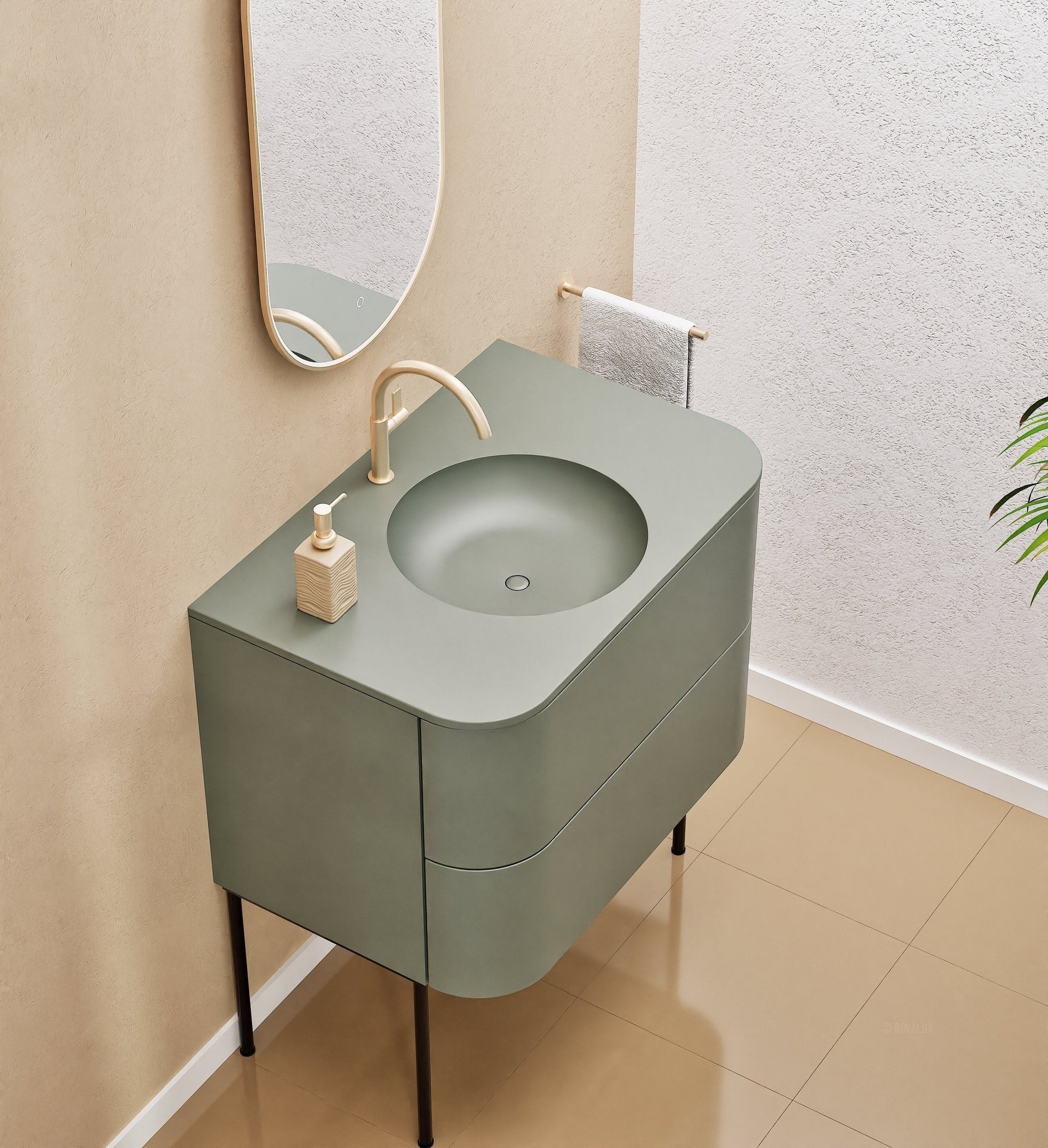 Serenia Flow Single Set with Supporting Legs - Corian® Sink & Countertop with 2 Drawers - ROVALUX