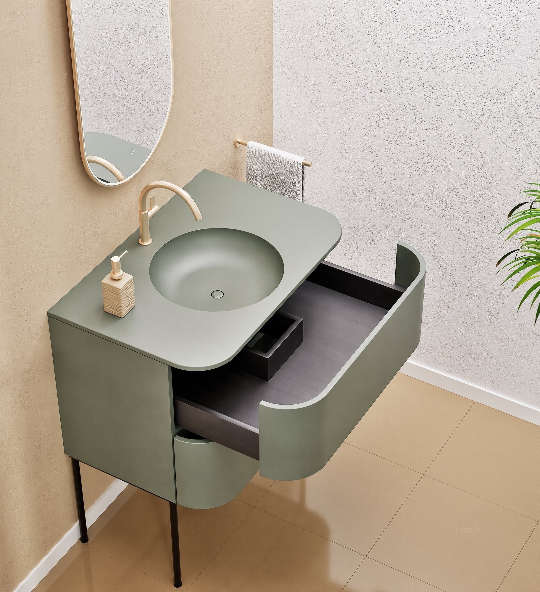 Serenia Flow Single Set with Supporting Legs - Corian® Sink & Countertop with 2 Drawers - ROVALUX