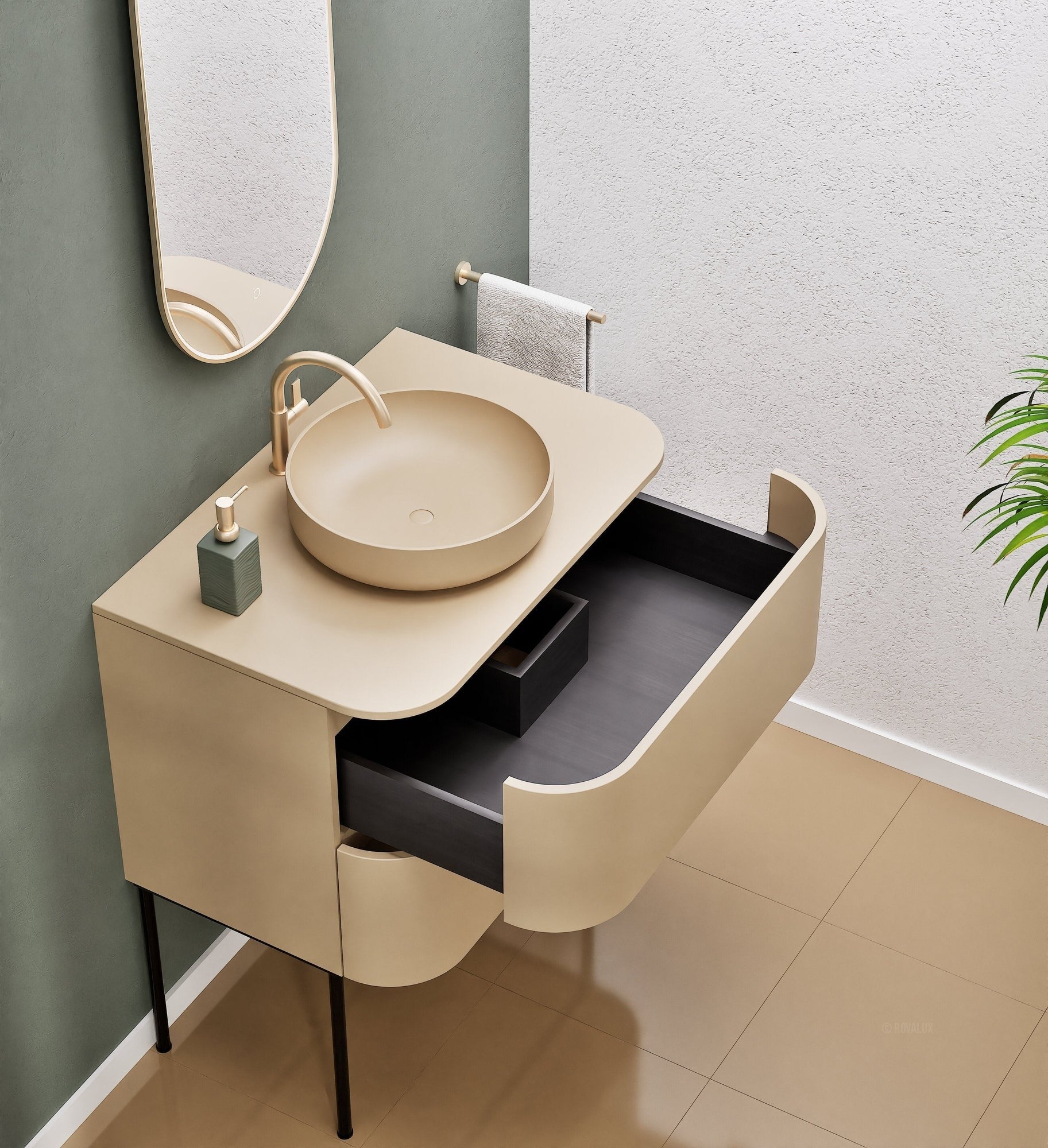 Serenia Rise Single Set With Supporting Legs - Corian® Sink & Countertop with 2 Drawers - ROVALUX
