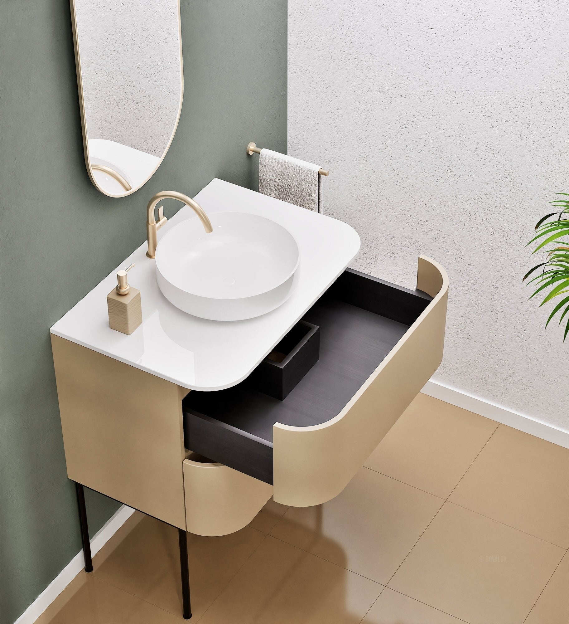 Serenia Rise Single Set With Supporting Legs - Corian® Sink & Countertop with 2 Drawers - ROVALUX