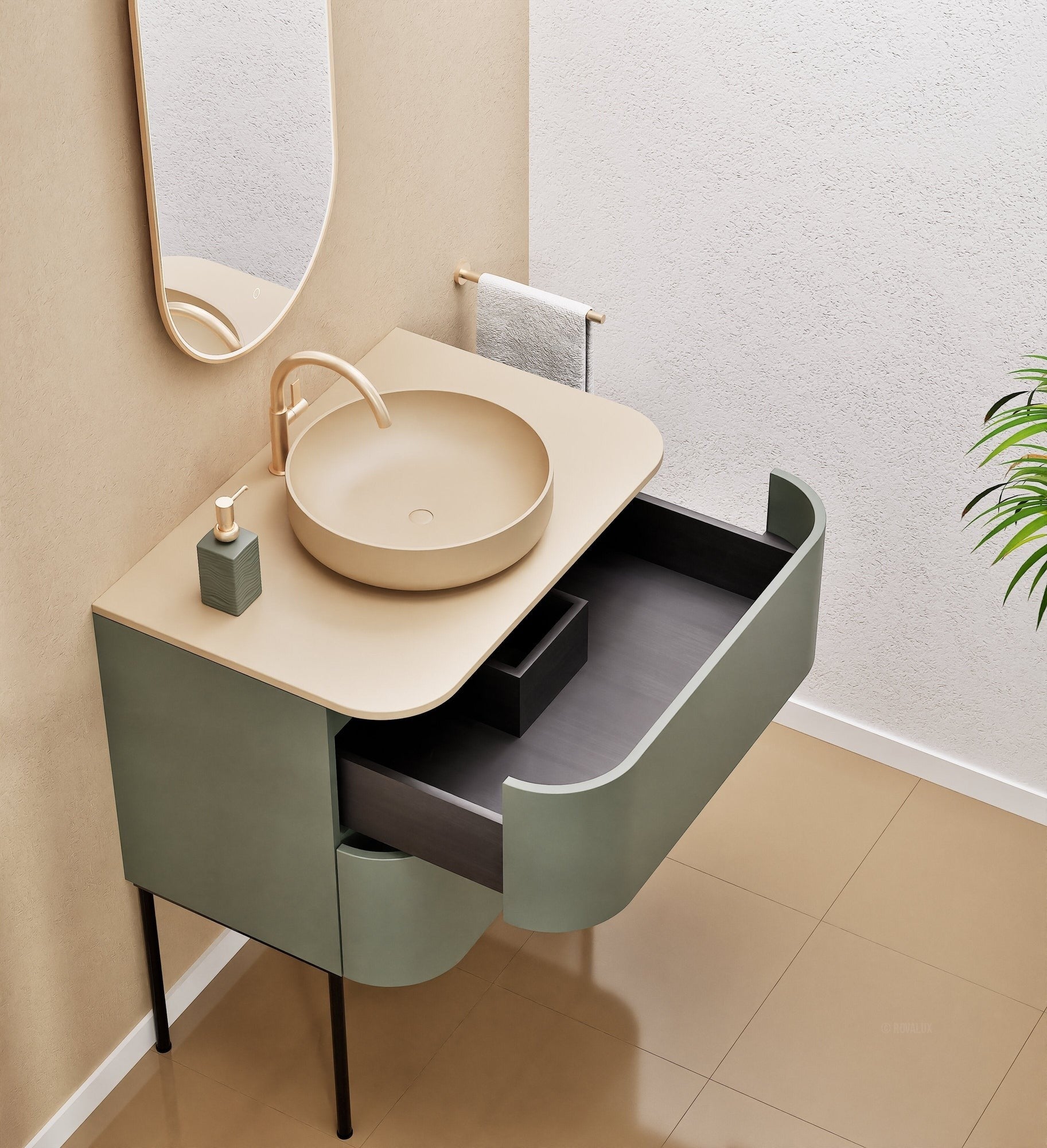 Serenia Rise Single Set With Supporting Legs - Corian® Sink & Countertop with 2 Drawers - ROVALUX