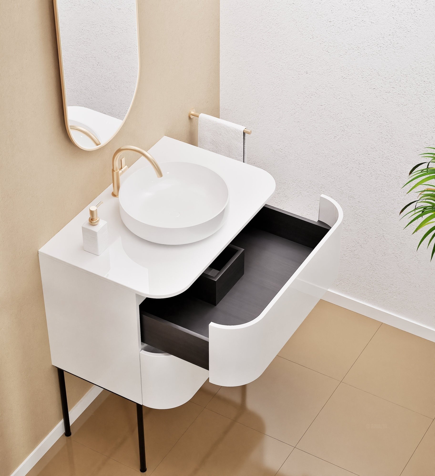 Serenia Rise Single Set With Supporting Legs - Corian® Sink & Countertop with 2 Drawers - ROVALUX