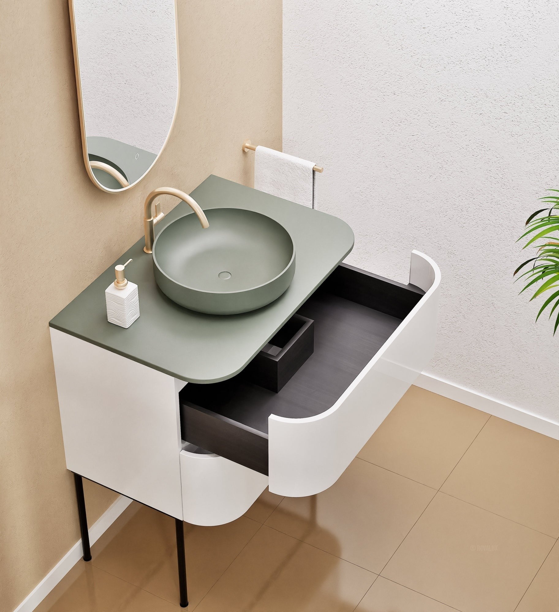 Serenia Rise Single Set With Supporting Legs - Corian® Sink & Countertop with 2 Drawers - ROVALUX