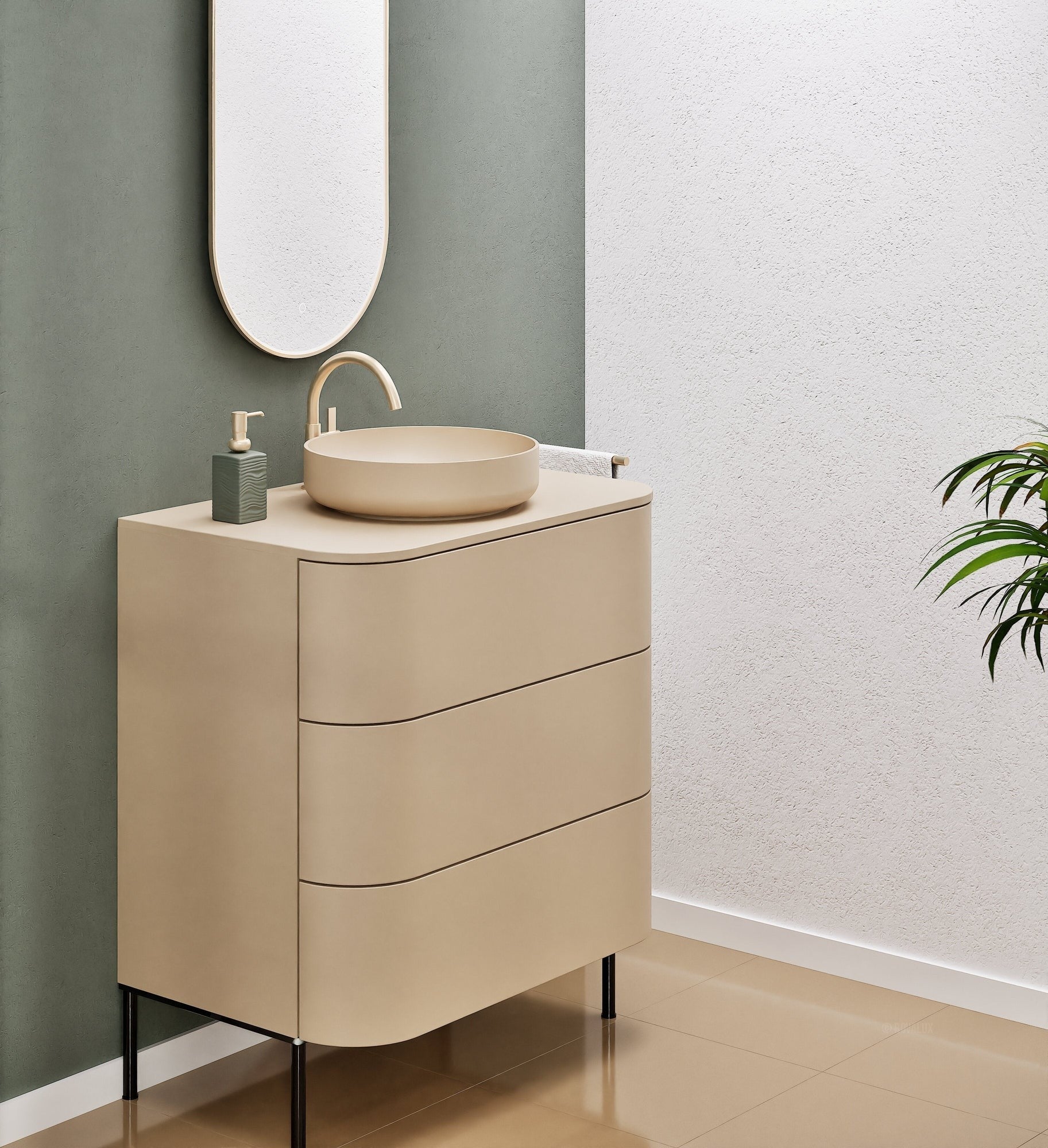 Serenia Rise Single Set with Supporting Legs - Corian® Sink & Countertop with 3 Drawers - ROVALUX