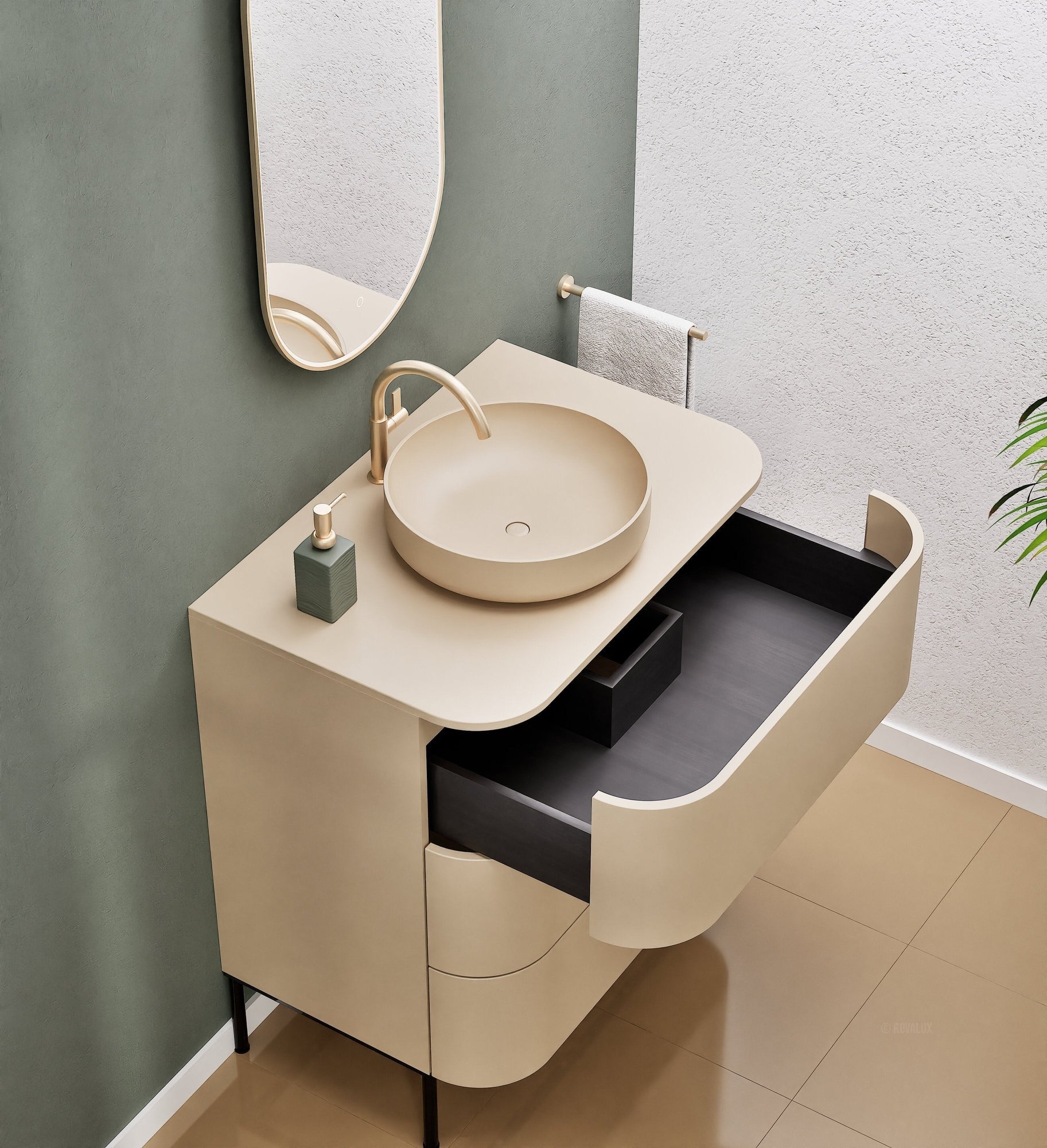 Serenia Rise Single Set with Supporting Legs - Corian® Sink & Countertop with 3 Drawers - ROVALUX