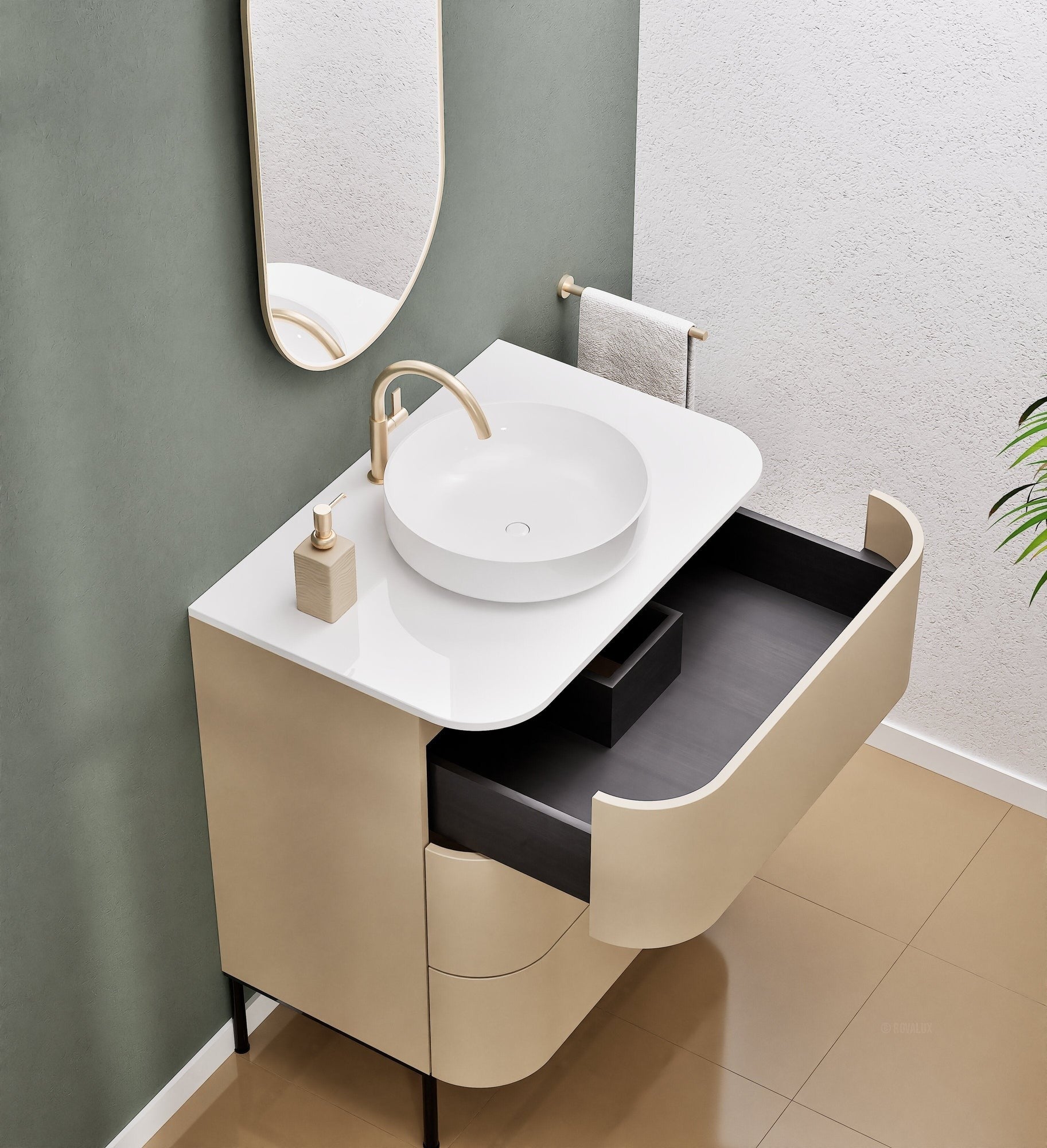 Serenia Rise Single Set with Supporting Legs - Corian® Sink & Countertop with 3 Drawers - ROVALUX
