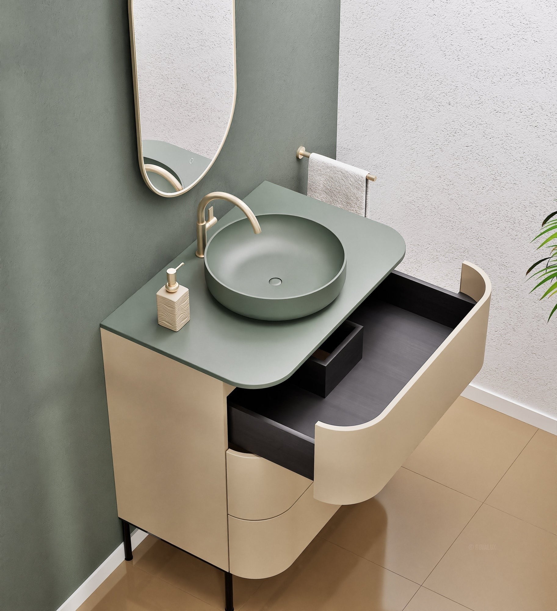 Serenia Rise Single Set with Supporting Legs - Corian® Sink & Countertop with 3 Drawers - ROVALUX