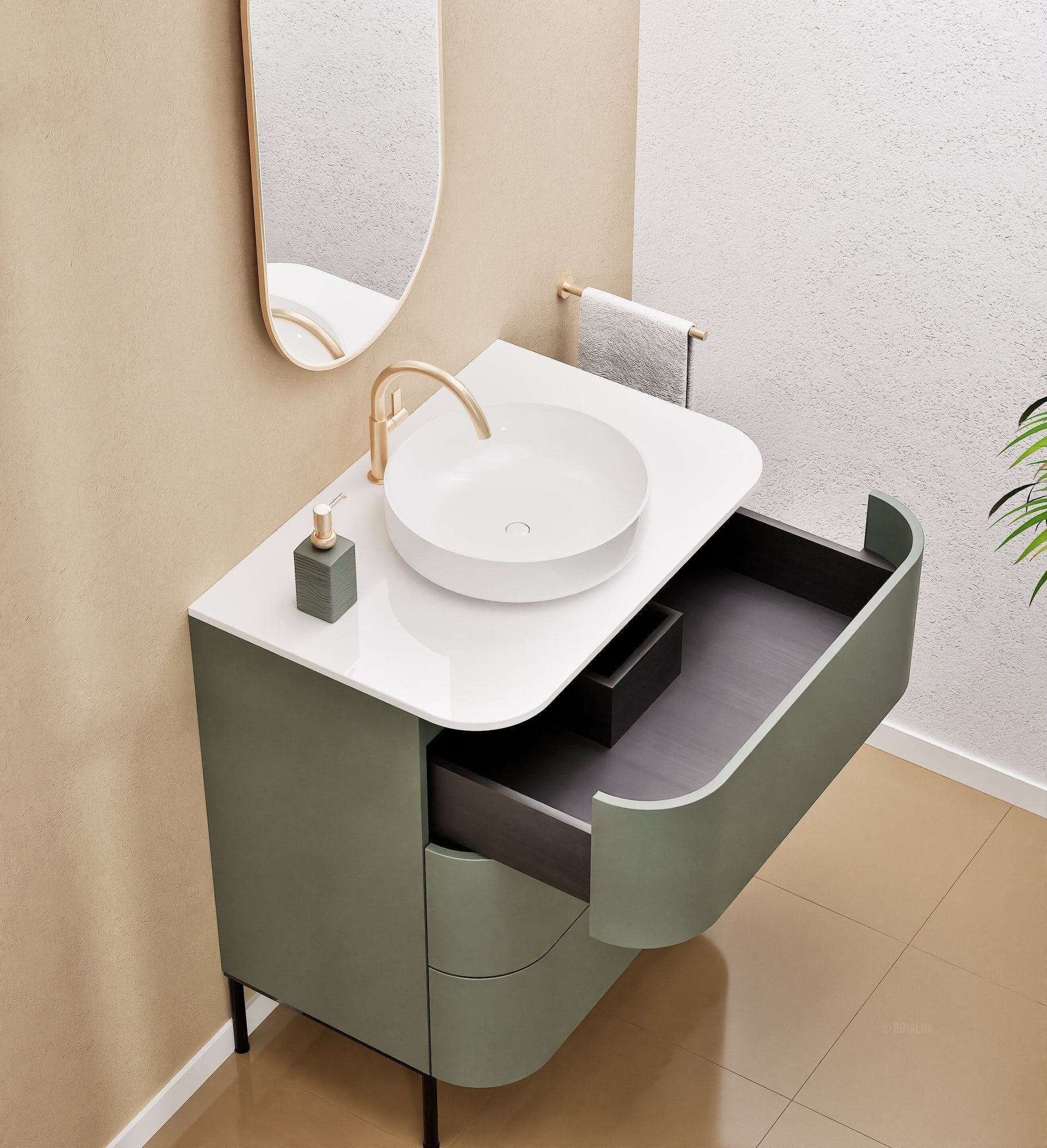 Serenia Rise Single Set with Supporting Legs - Corian® Sink & Countertop with 3 Drawers - ROVALUX