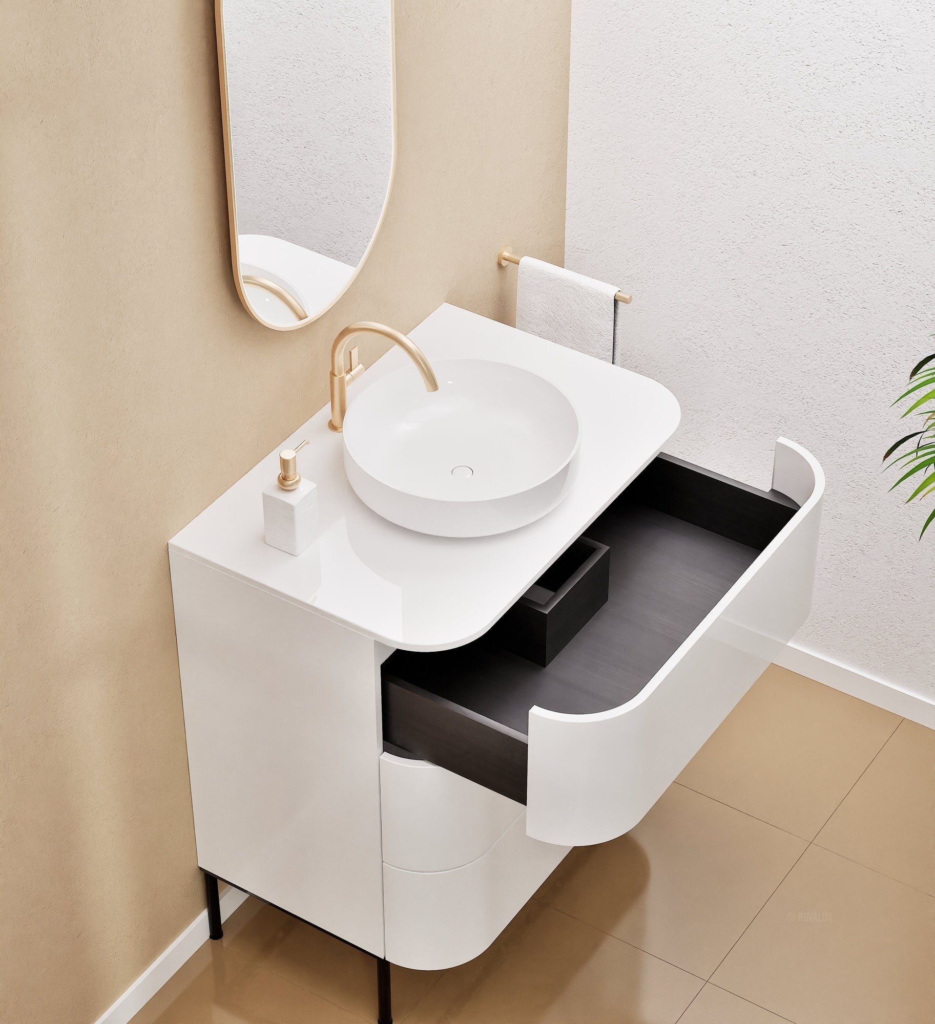 Serenia Rise Single Set with Supporting Legs - Corian® Sink & Countertop with 3 Drawers - ROVALUX