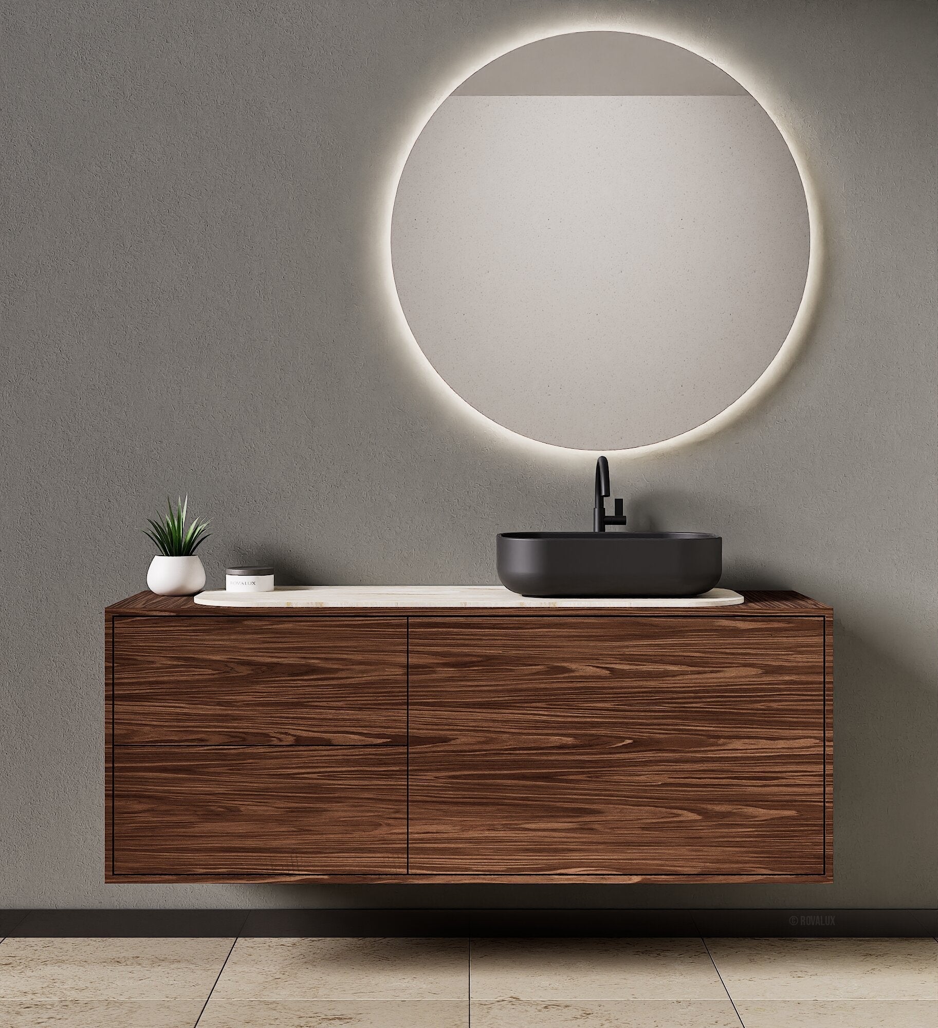 STRIA - Top mounted single sink with counter tablet & 1 Drawer - 2 Stacked Side Drawers vanity unit - ROVALUX