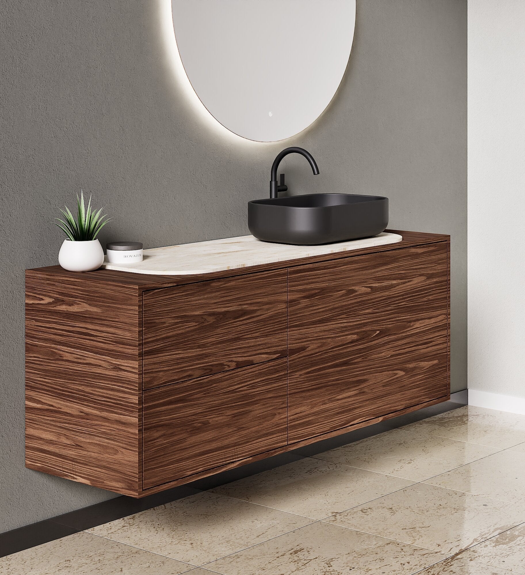 STRIA - Top mounted single sink with counter tablet & 1 Drawer - 2 Stacked Side Drawers vanity unit - ROVALUX