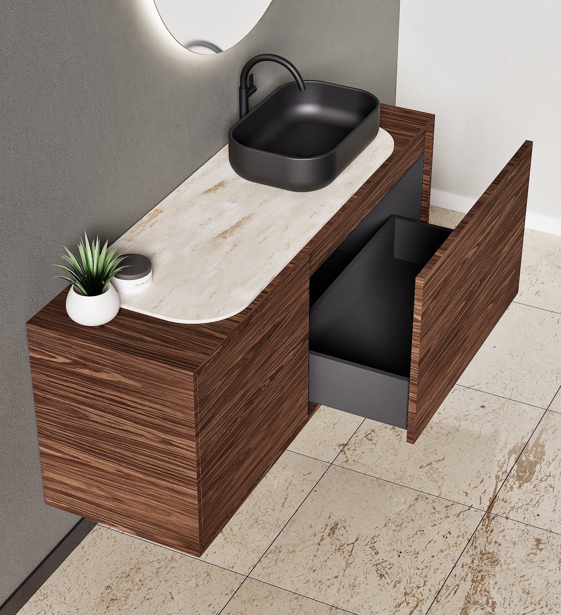 STRIA - Top mounted single sink with counter tablet & 1 Drawer - 2 Stacked Side Drawers vanity unit - ROVALUX