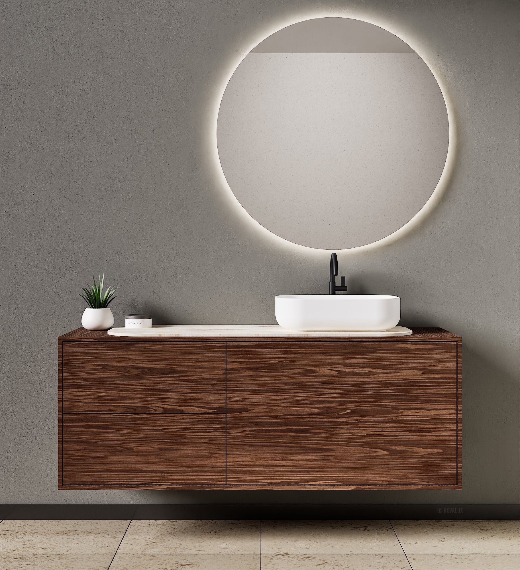 STRIA - Top mounted single sink with counter tablet & 1 Drawer - 2 Stacked Side Drawers vanity unit - ROVALUX