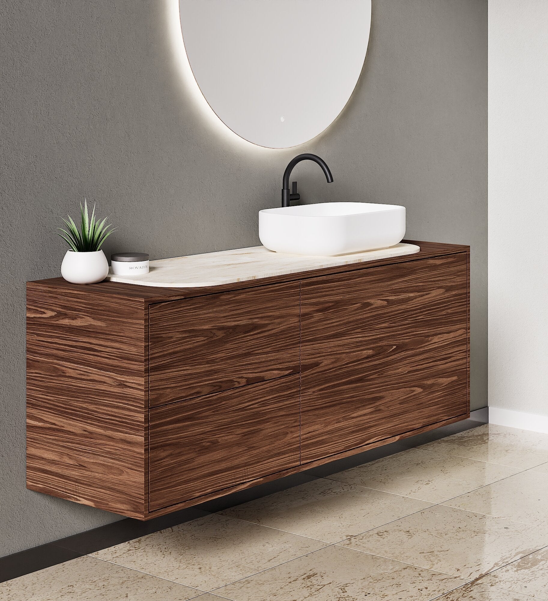 STRIA - Top mounted single sink with counter tablet & 1 Drawer - 2 Stacked Side Drawers vanity unit - ROVALUX