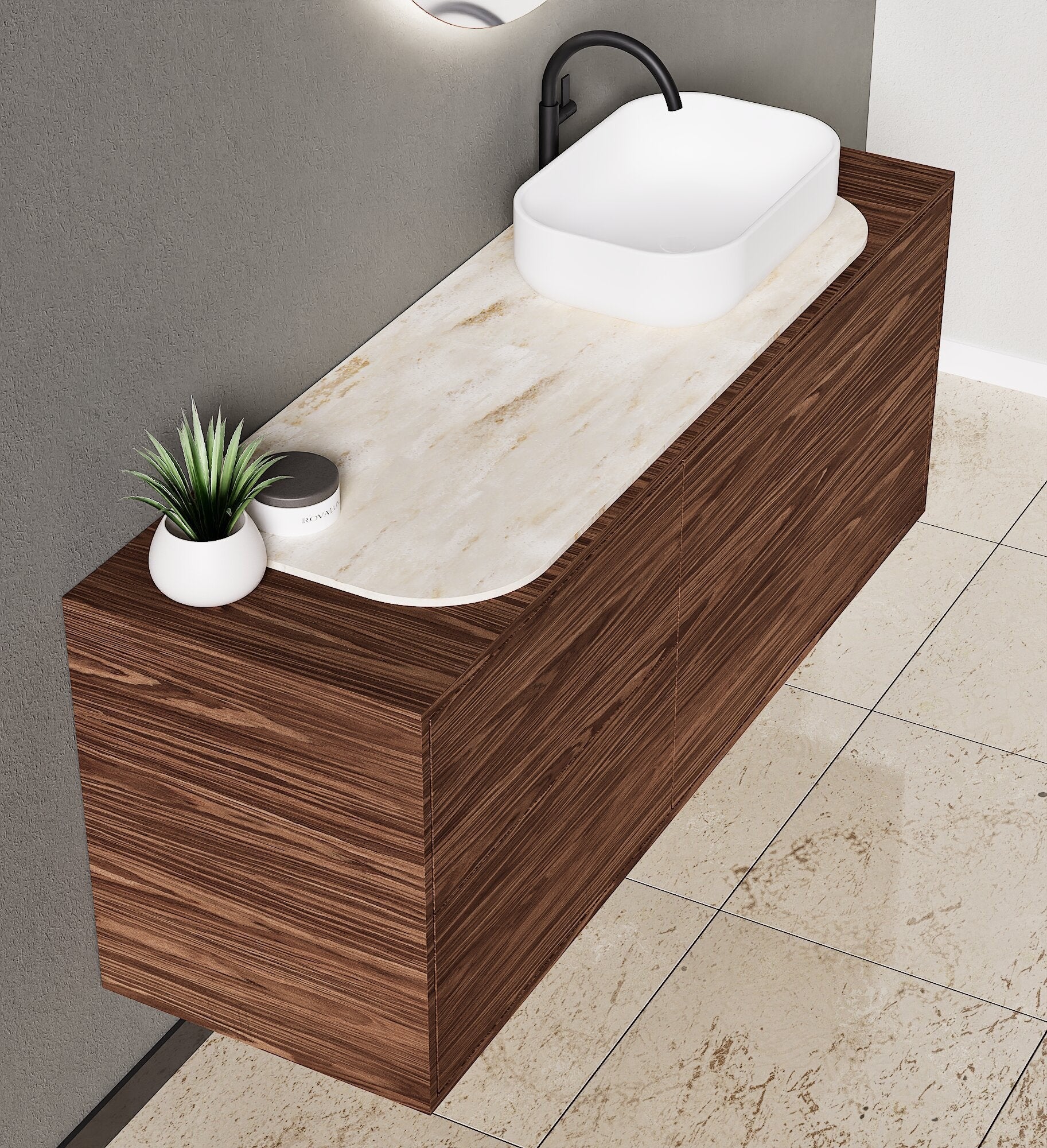 STRIA - Top mounted single sink with counter tablet & 1 Drawer - 2 Stacked Side Drawers vanity unit - ROVALUX