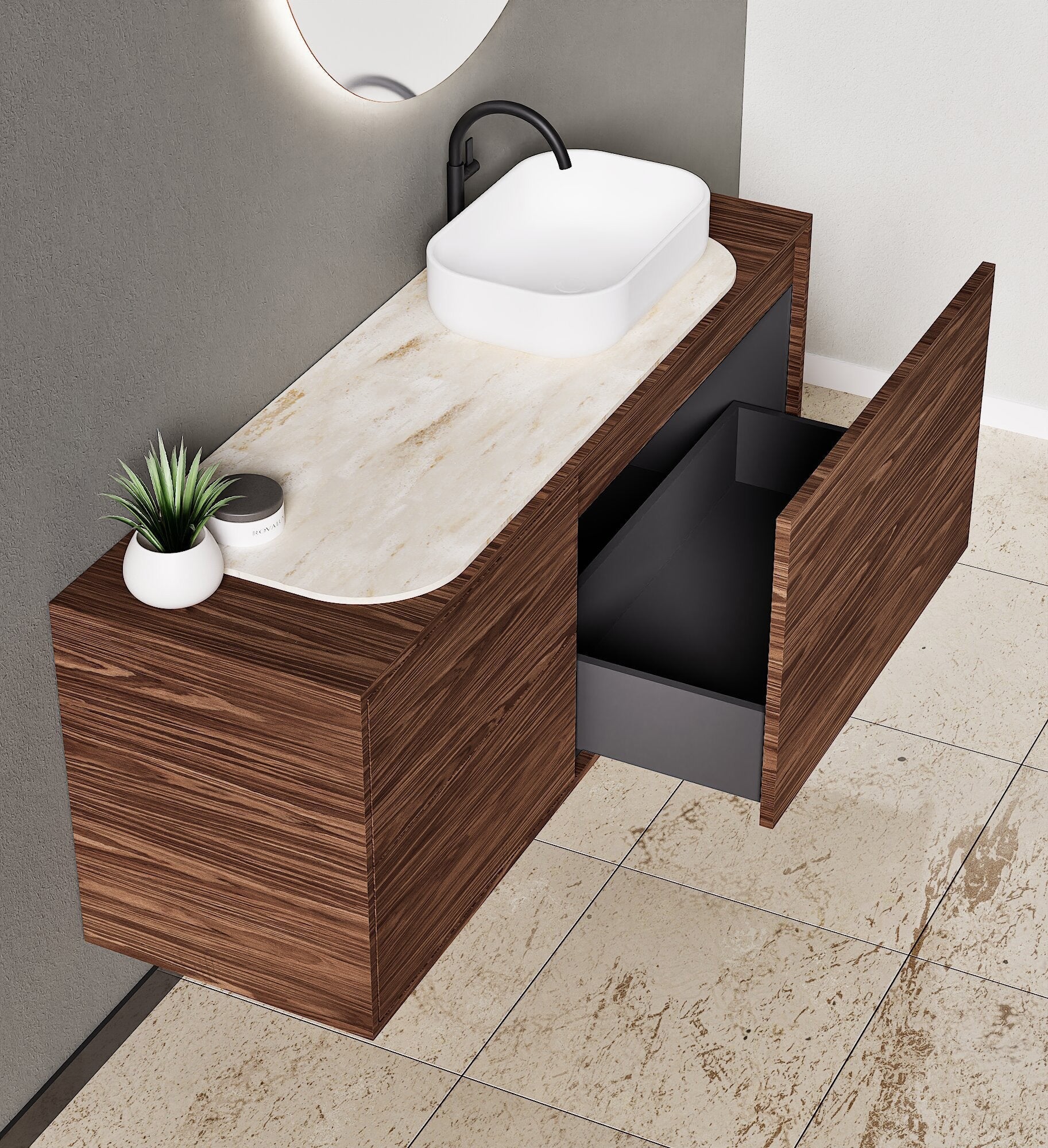 STRIA - Top mounted single sink with counter tablet & 1 Drawer - 2 Stacked Side Drawers vanity unit - ROVALUX