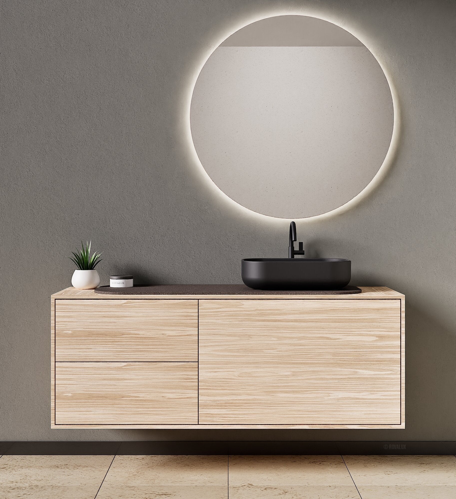 STRIA - Top mounted single sink with counter tablet & 1 Drawer - 2 Stacked Side Drawers vanity unit - ROVALUX