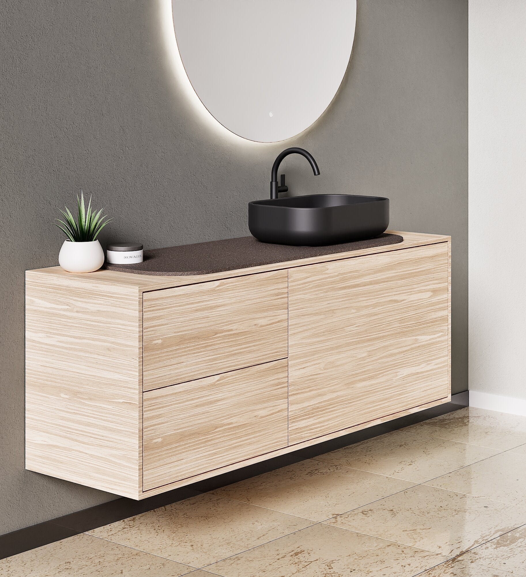 STRIA - Top mounted single sink with counter tablet & 1 Drawer - 2 Stacked Side Drawers vanity unit - ROVALUX